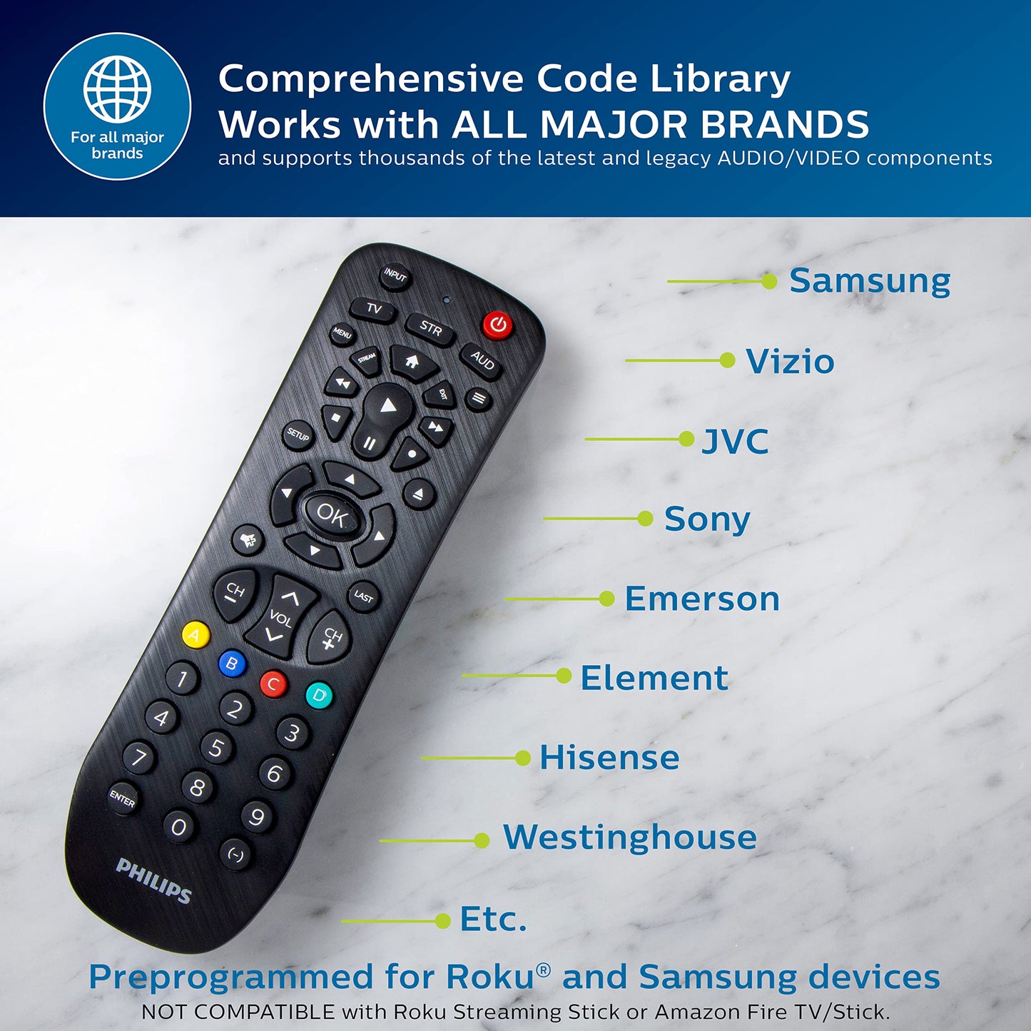 Philips Universal Remote Control, Universal TV Remote Replacement, Samsung TV Remote Control, for Roku Remote Replacement, Vizio, LG, Sony, Apple, 3