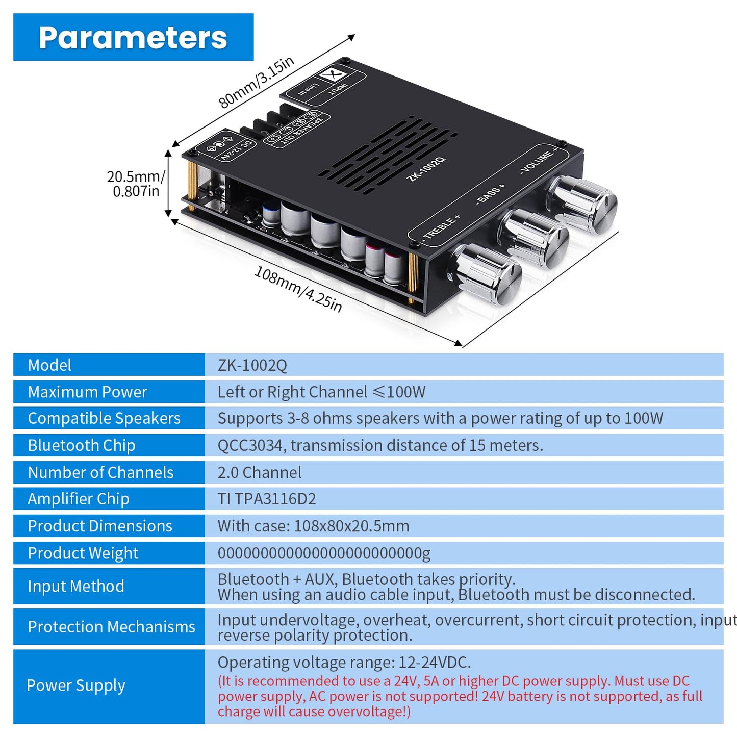 ZK-1002Q Amplifier Board, 2.0 Channel TPA3116D2 Audio Amplifier Module 100W+100W, Bluetooth/AUX Input, Bass Treble Control, DC 12-24V DIY Speaker Amp