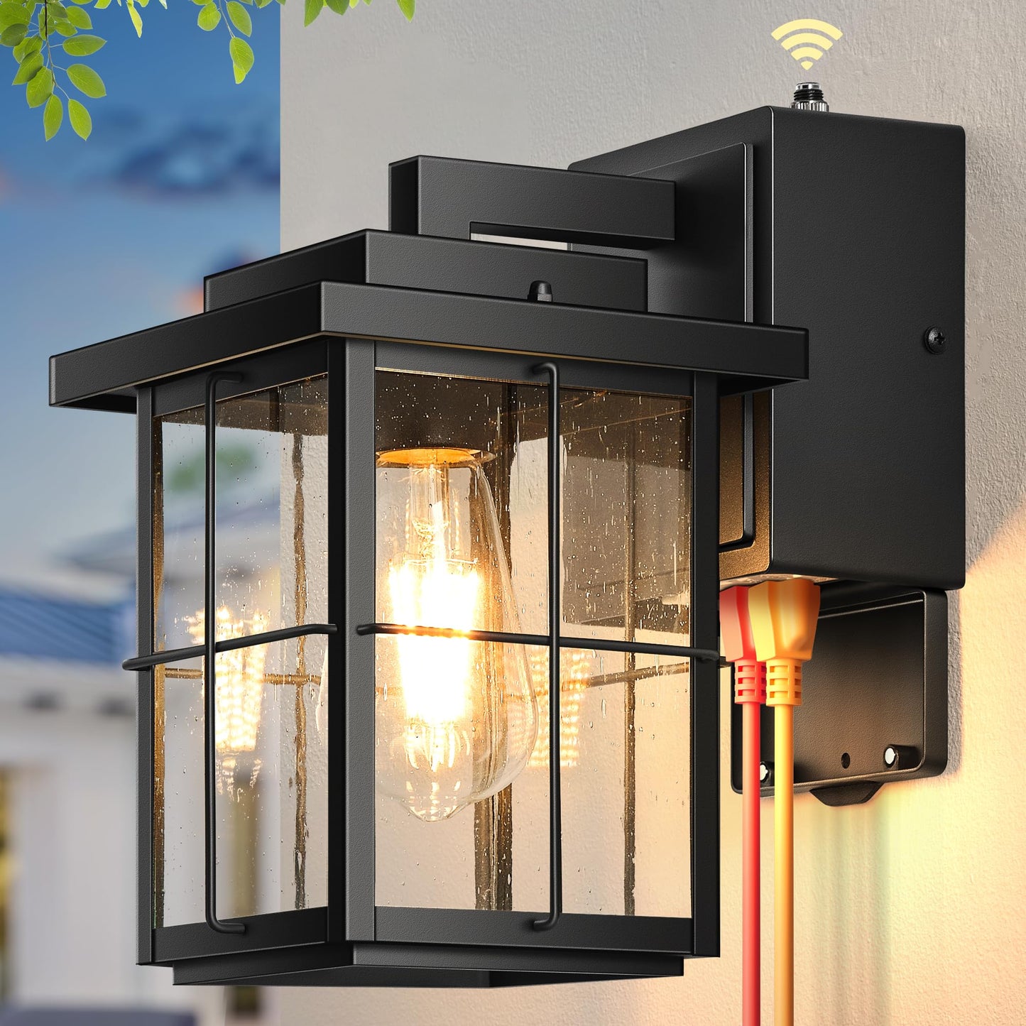 Gleamz Outdoor Wall Light Dusk to Dawn, Black Front Porch Light with GFCI Outlet, Modern Exterior Lighting Fixtures with Outlet, Exterior Wall Sconce