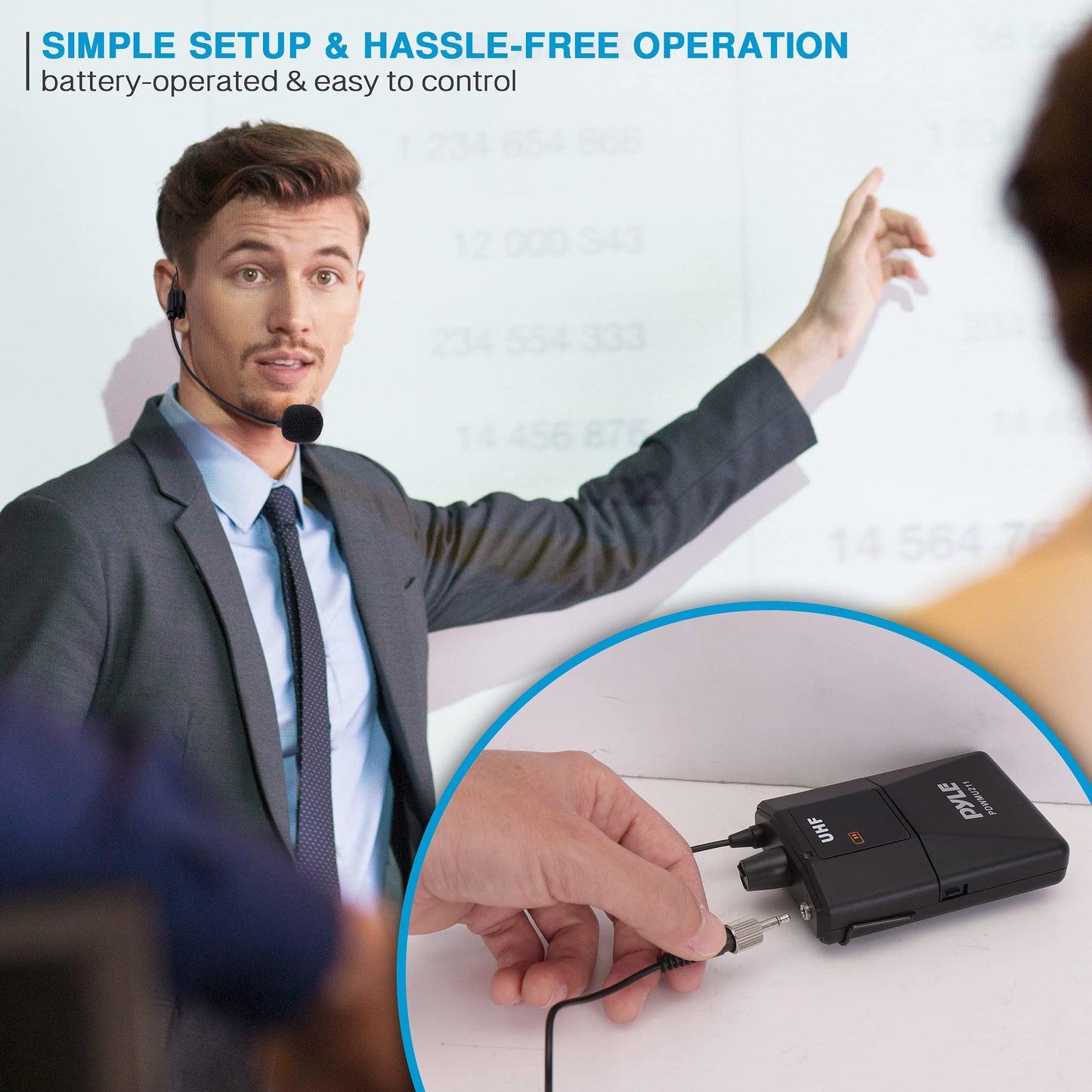 Pyle Dual UHF Microphone System - Portable Professional Cordless Microphone Set Wireless Mic Kit w/Headset / Lavalier Mic, Beltpack Transmitter