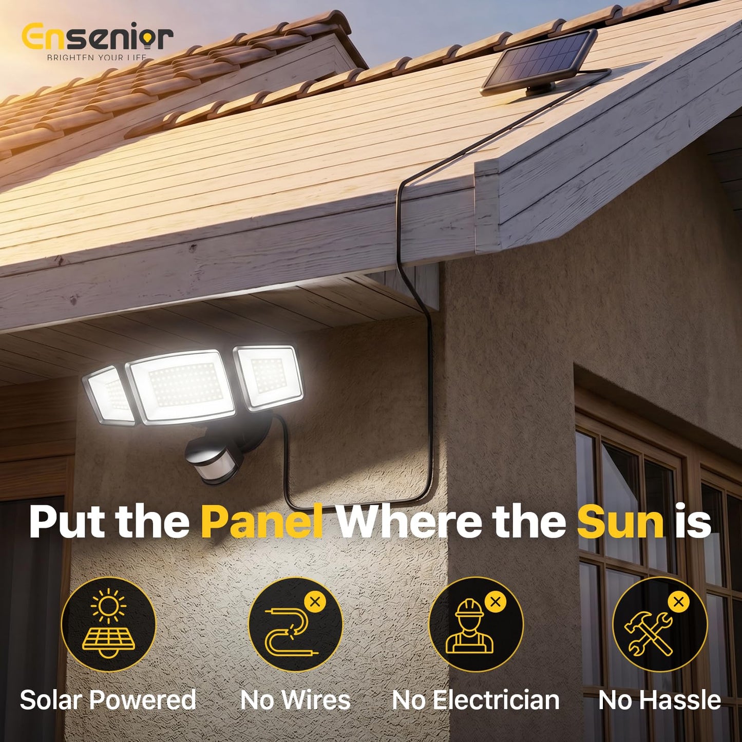 Ensenior Solar Security Lights, Wide Beam Flood Light 6500K Super Bright for Driveway Backyard Garden, Remote Control Motion Lights, Weather-Resistant
