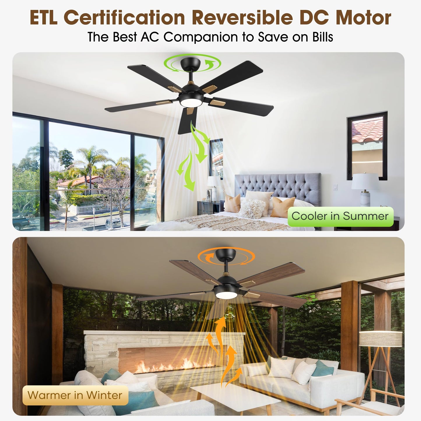 CalorHoga 52 Inch Ceiling Fan with Lights and Remote, DC Motor Quiet 6-Speed Reversible Fan, Dimmable LED 3000K/4000K/6000K, Smart APP Control, Modern