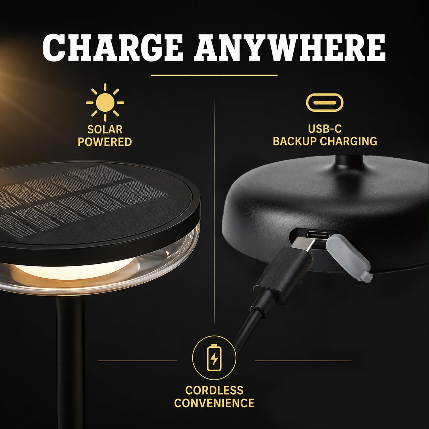 VerLuce Cocktail Style Solar Table Lamp - Cordless LED Light with USB-C Charging, Dimmable Warm 2700K Glow, Weather Resistant for Indoor/Outdoor Use