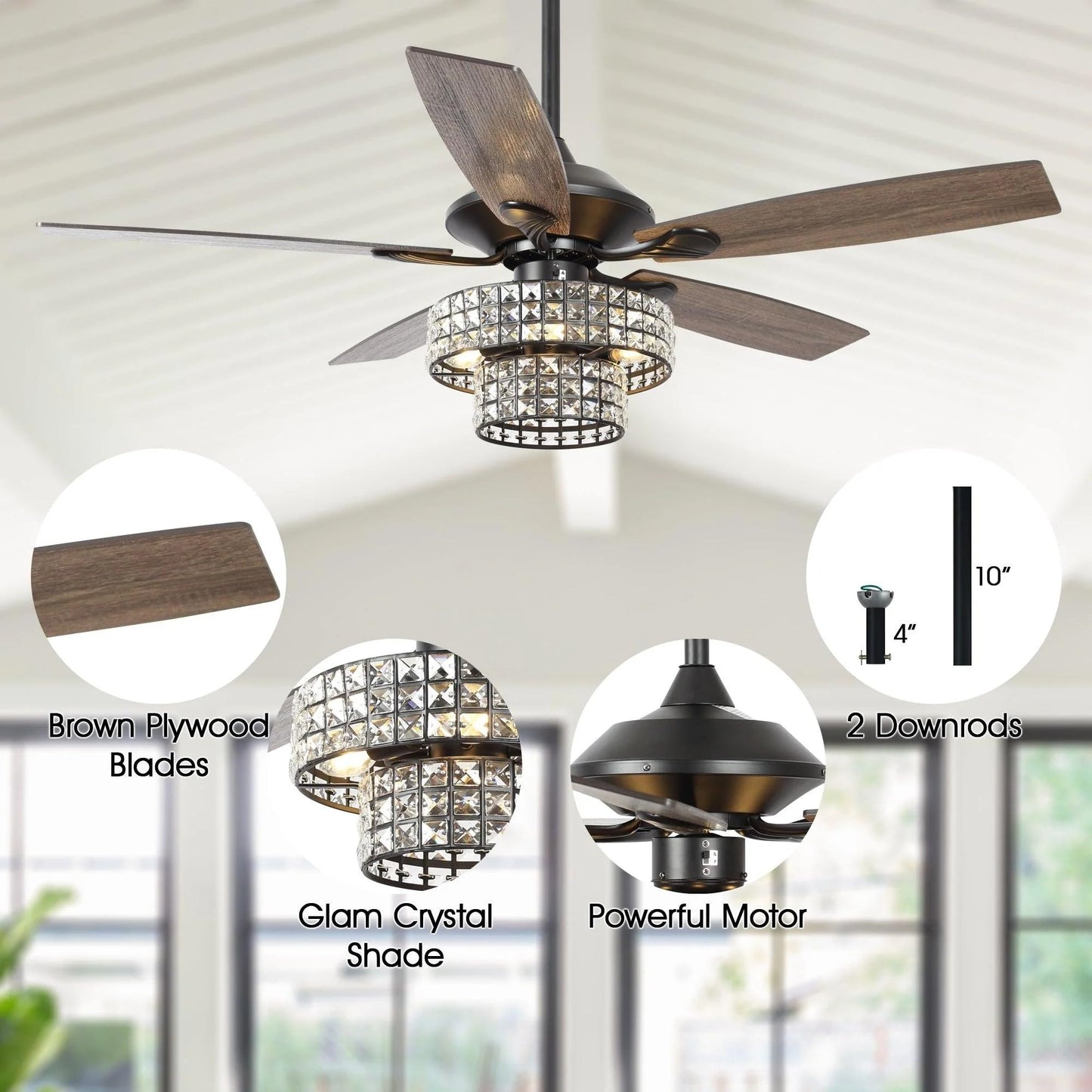 Vaczon 52 Inch Ceiling Fan with Light & Remote - Farmhouse Caged Fandelier, Crystal Mosaic Style Ceiling Fan with 6 Speeds,Reversible
