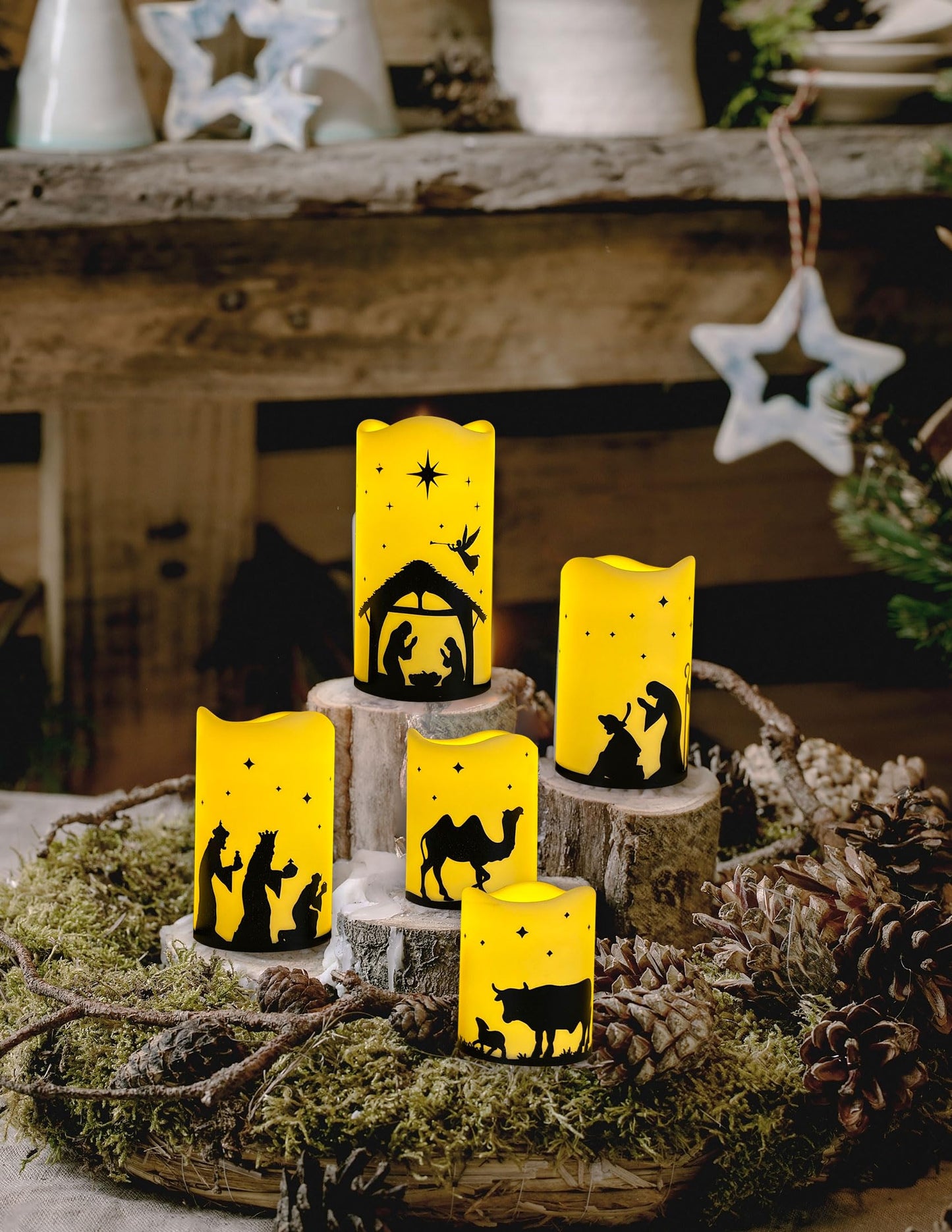QVAIVE Flameless Christmas Nativity Scene Candles, Pillar Flickering Religion Candle with Timer Remote,Battery Operated LED Fake Candle for Xmas Home