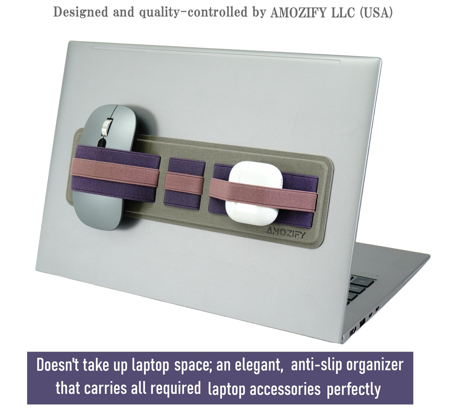 AMOZIFY® Space-Efficient Anti-Slip Organizer, Mouse Holder for Laptop Stick On, 3-Slot Band Laptop Pocket Adhesive | Hard Drive Holder (Purple-Pink)