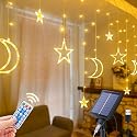 Qunlight Ramadan Solar Icicle Lights,10.8ft 138 LED Outdoor Waterproof Moons Stars Curtain Window String with 8 Modes Timer Remote,USB Rechargeable
