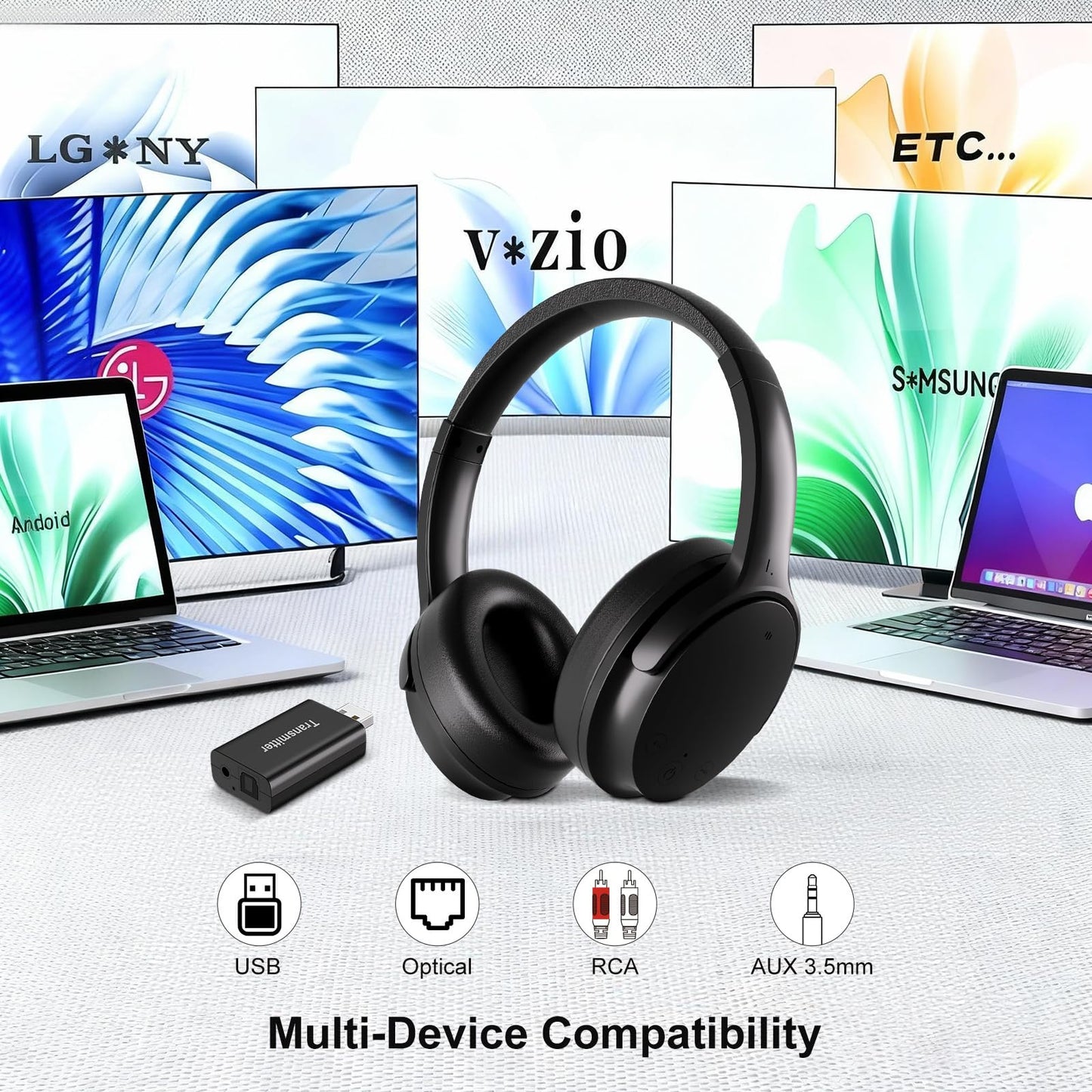 Skyaudio Wireless Headphones for TV Watching, Over Ear TV Headphones Wireless with USB Transmitter, Plug & Play, No Audio Delay, 20+ Hours, Louder