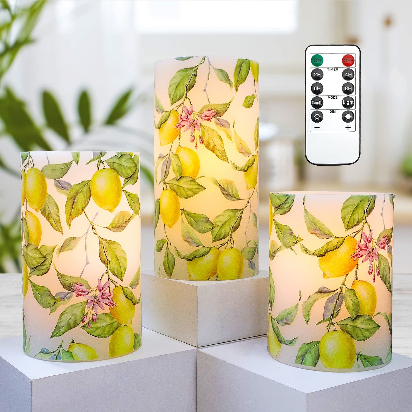 Crystal Club Lemon Flameless Candles with Remote and Timer, Battery-Operated Spring Theme LED Pillar Candles, Realistic Candle for Home Birthday Party