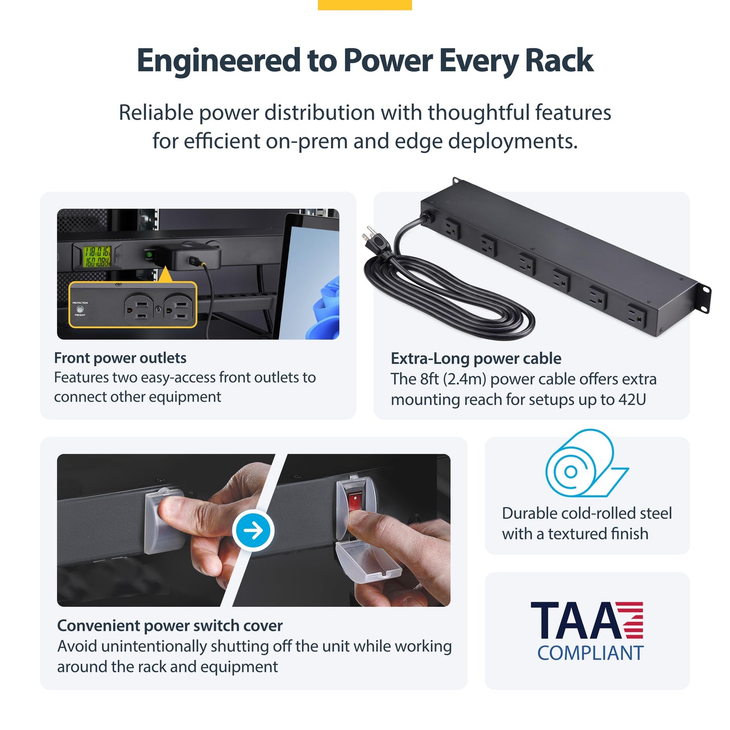 StarTech.com 8-Outlet Horizontal Rack Mount Metered PDU, 1U Server Power Strip w/Surge Protector, 8ft (2.4m) Power Cable, TAA