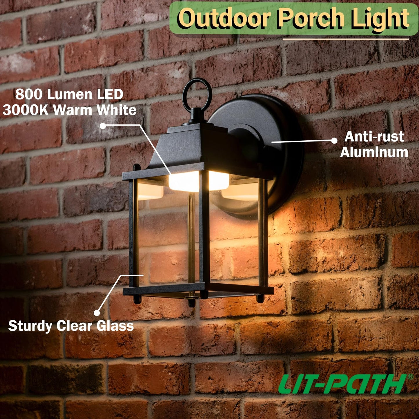 LIT-PaTH Outdoor LED Wall Lantern, Wall Sconce Exterior Porch Lighting Fixture, 3000K Warm White, 9.5W 800 Lumen, Aluminum Housing Plus Glass, Black