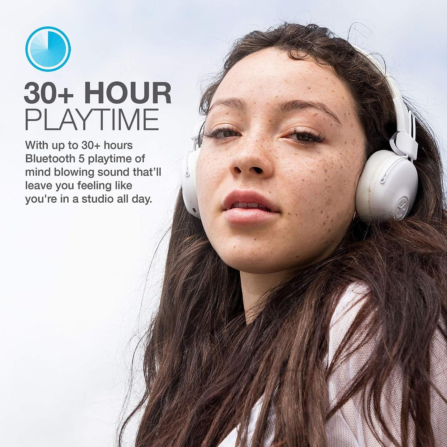 JLab Studio Wireless On-Ear Headphones, White, 30+ Hour Bluetooth 5 Playtime, EQ3 Sound, Ultra-Plush Faux Leather & Cloud Foam Cushions, Track