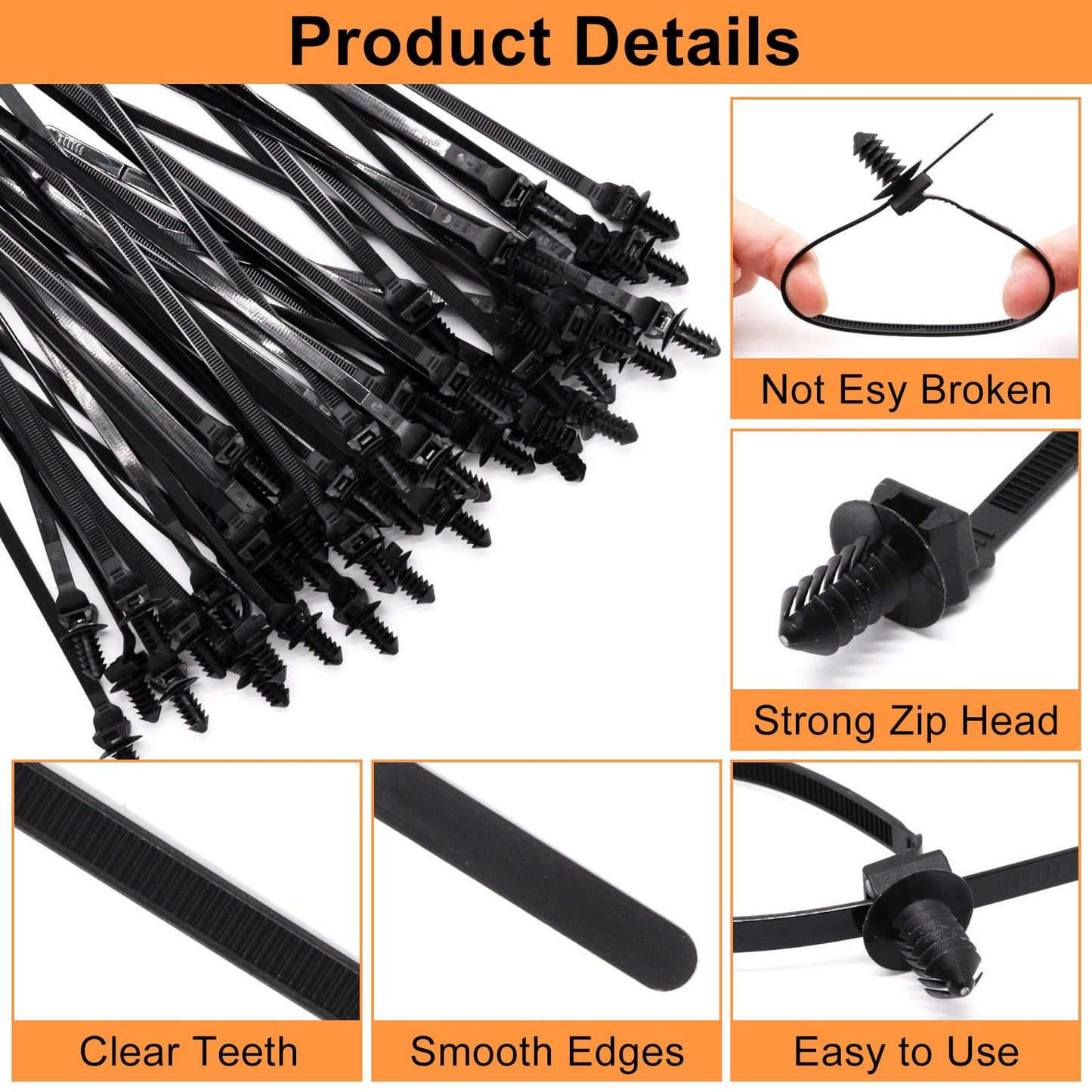 S SYDIEN Push Mount Zip Ties 50Pcs, Heavy Duty Black Wire Zips Tie Mounts, 2 in 1 Nylon Self Locking Push Mount Cable Zip Tie for Engine Bay Wire