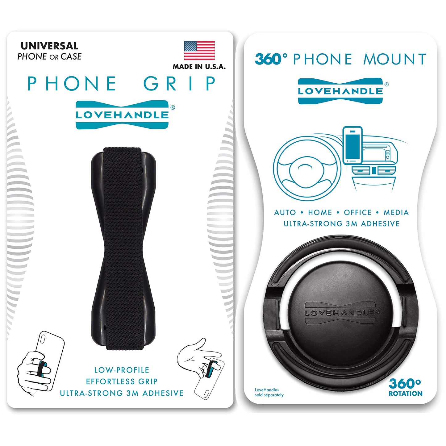 LOVEHANDLE Cell Phone Holder and Grip 360 Mount and Grip - Car Mount for Smartphones and Mini Tablets with 360 Rotation Technology - Combo Pack (Black