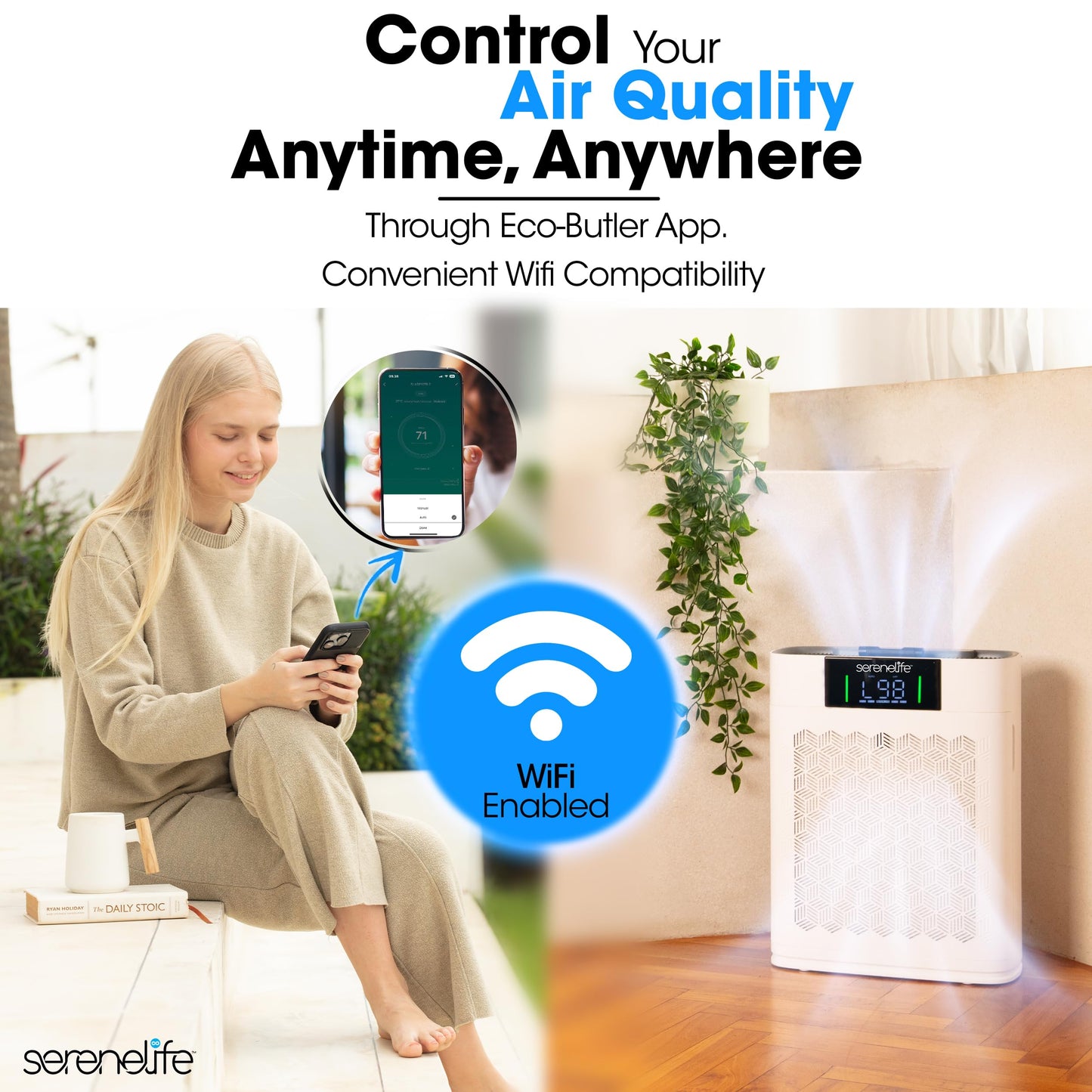 SereneLife HEPA Air Purifier for Home - Smart WiFi & App Control, Ultra-Quiet Air Purifier for Bedrooms & Large Rooms, Removes Dust, Pet Hair & Odors