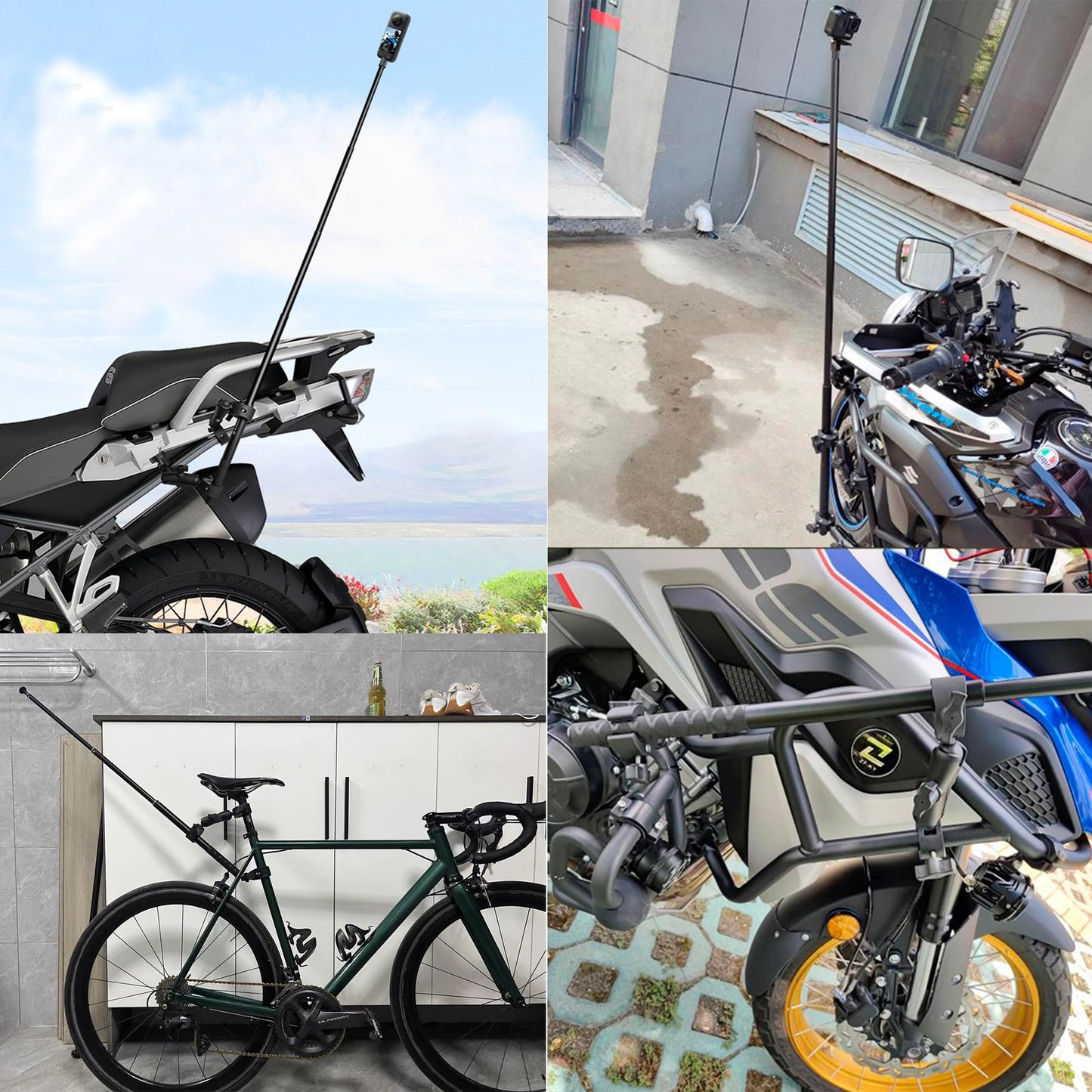Motorcycle Mount kit for Insta360 One X5 X4 X3 X2 RS DJI OSMO 360 GoPro MAX 2- Double Clamps Handlebar Holder with 155cm Selfie Stick for Motorcycle