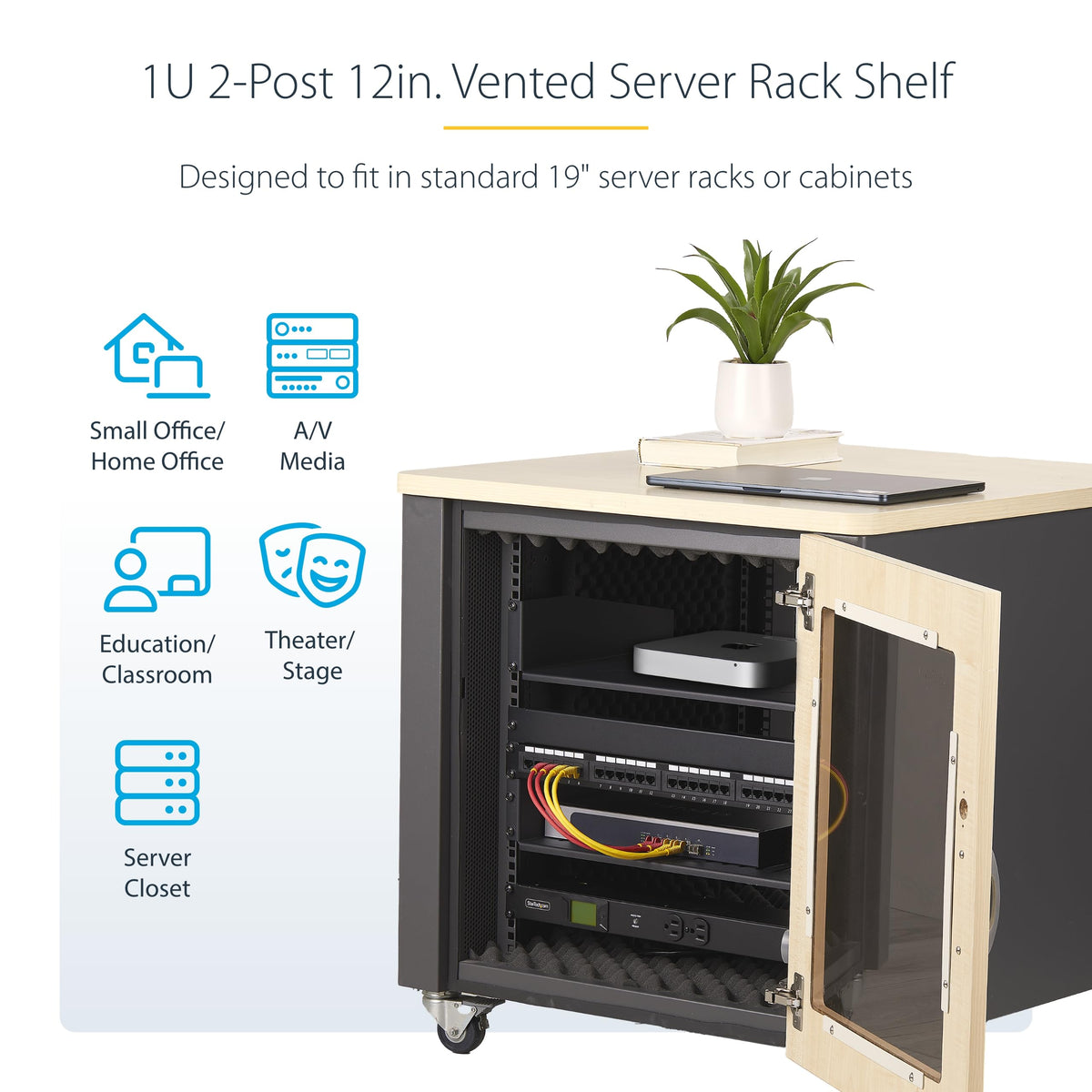 StarTech 1U Vented Server Rack Shelf, 12in, 25lb (CABSHELFV1U-12-RACK)