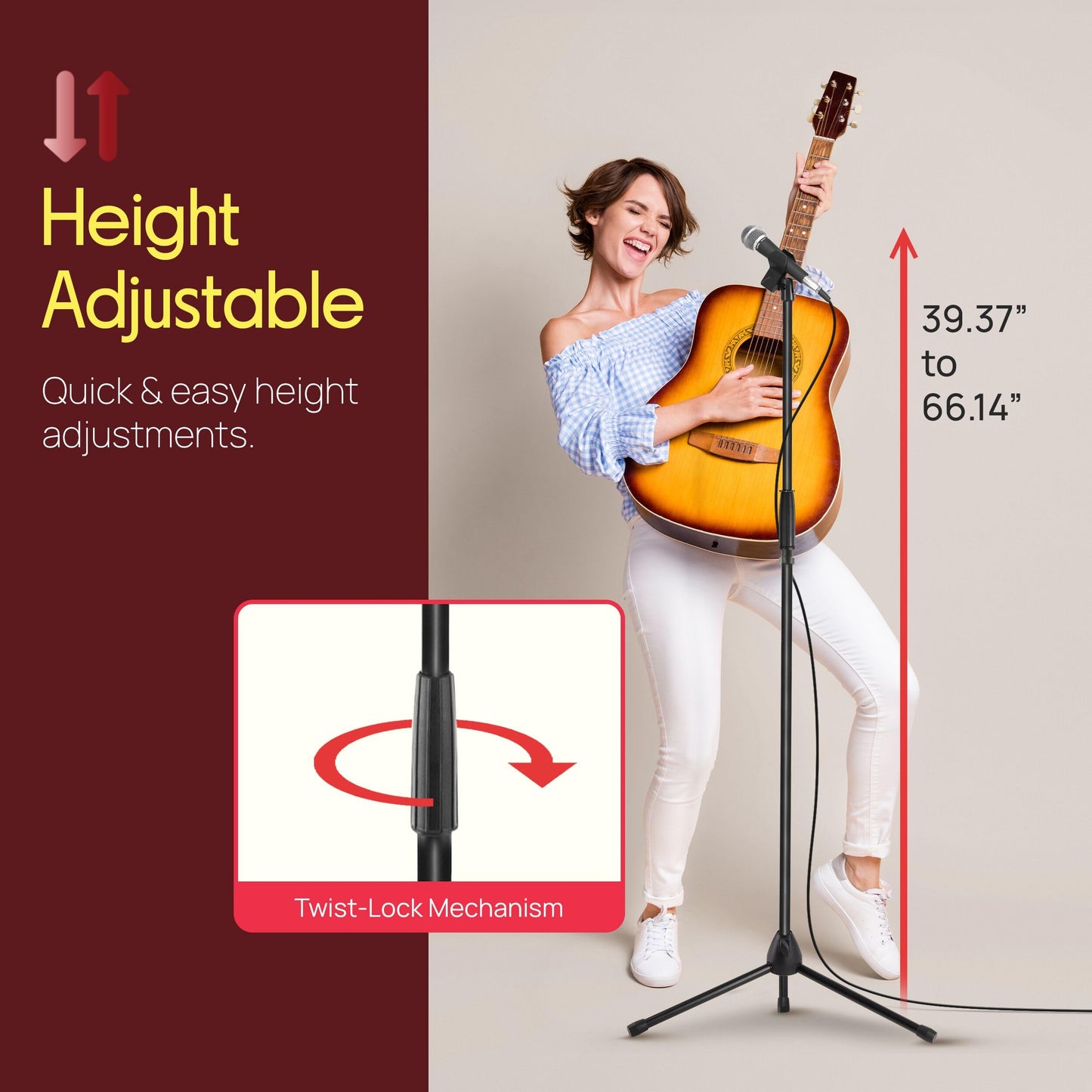 Pyle Tripod Microphone Stand, Height Adjustable from 39.37" to 66.14'', Mic Stand for Floor, Sturdy and Durable Build, Non-Slip Rubber Feet, With 5/8"