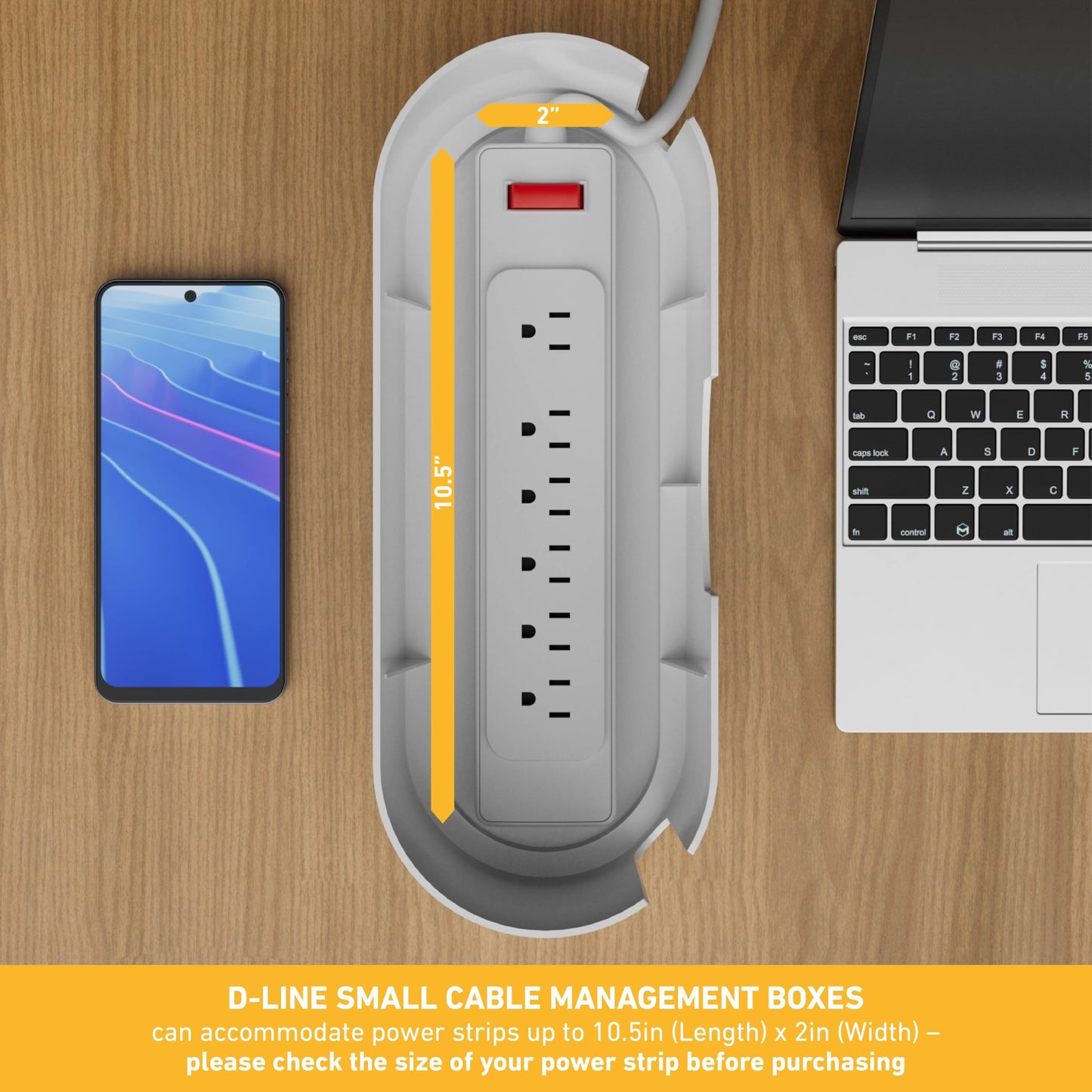 D-Line Cable Management Box, Power Strip Holder, Floor Outlet Hider, Desk Cord Organizer, Cover TV Wires, 12.75" (L) x 5" (W) x 4.5" (H), for use with