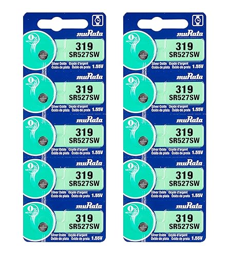 Murata 319 Battery SR527SW 1.55V Silver Oxide Watch Button Cell (10 Batteries)