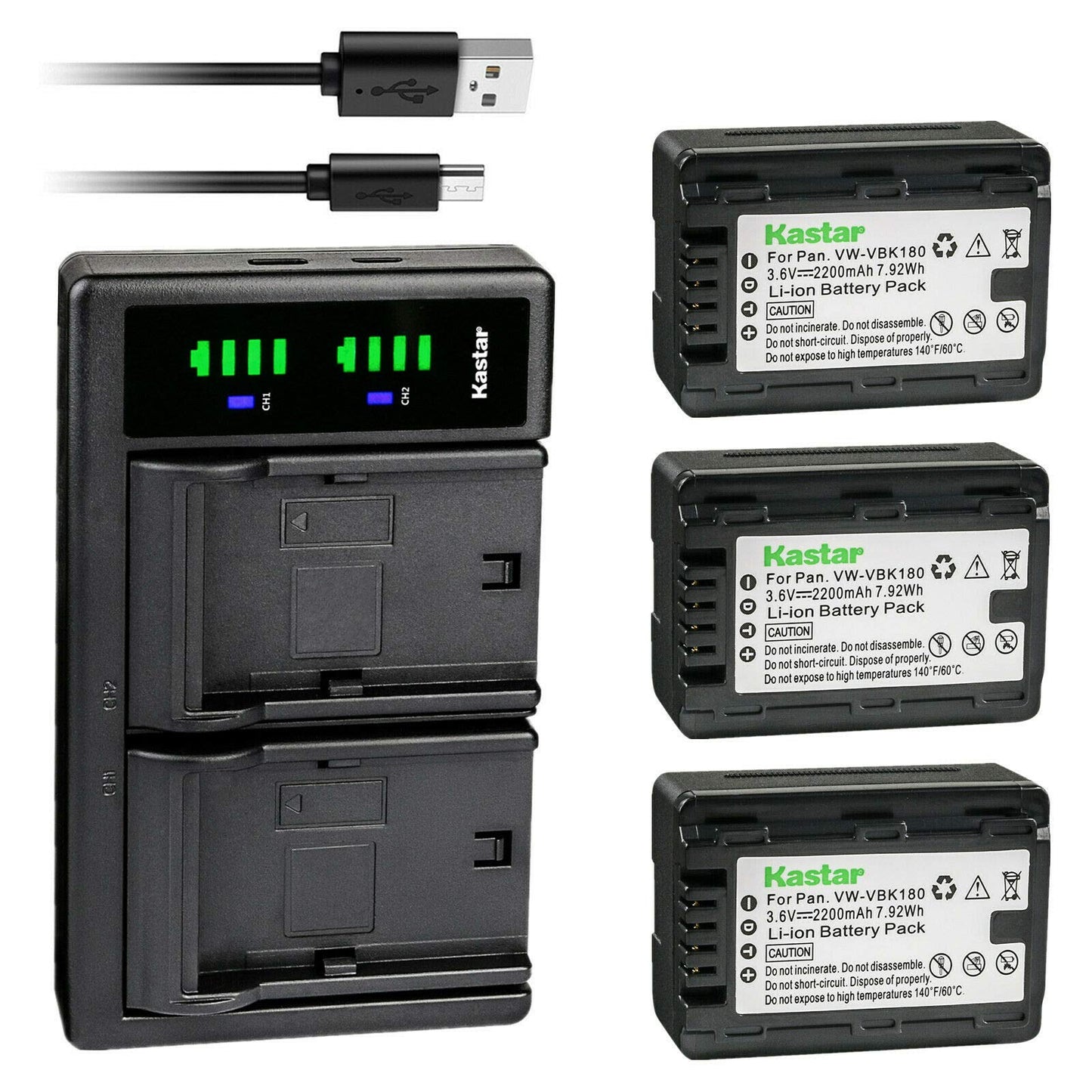 Kastar 3-Pack VW-VBK180 Battery and LTD2 USB Charger Replacement for Panasonic HDC-SD80P, HDC-SD80PC, HDC-SD80R, HDC-SD90, HDC-SD90EB-W-2012