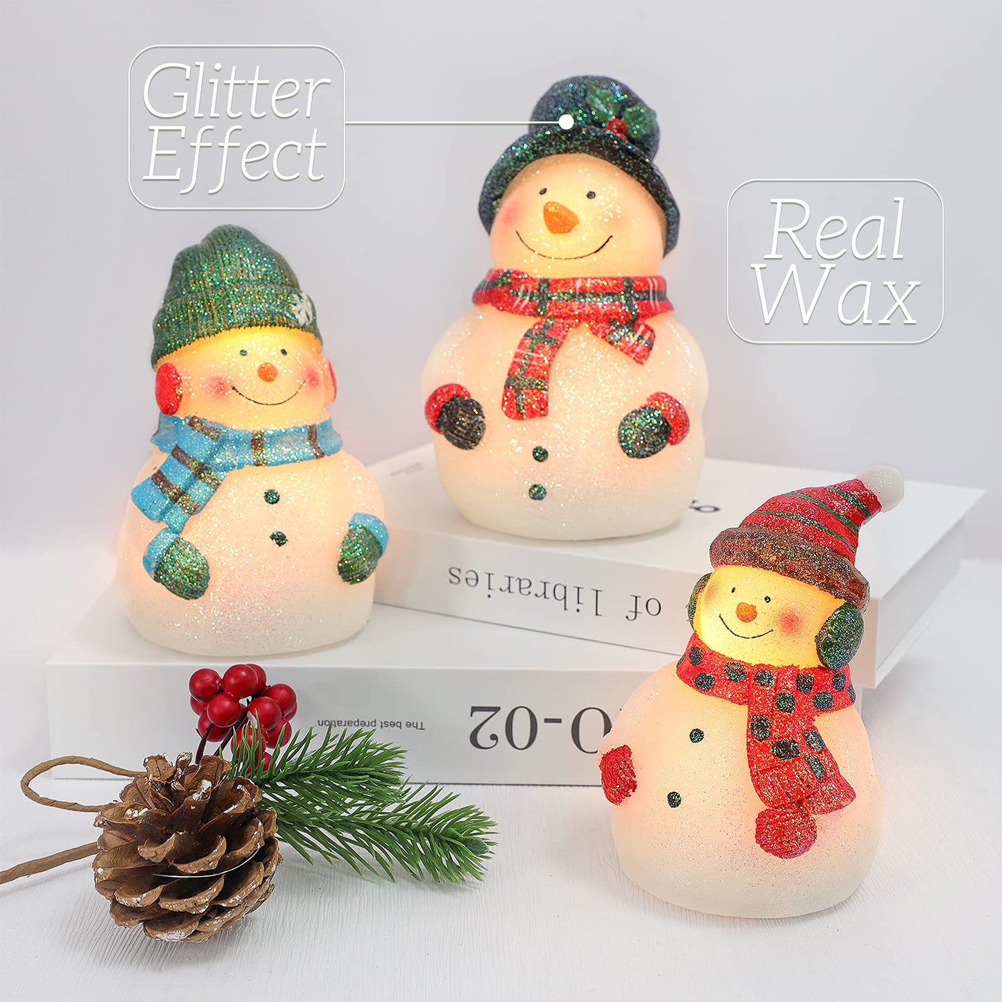 Crystal Club Christmas Flameless Candles, Set of 3 Santa Snowman Real Wax Candles, Battery Operated LED Candles with Remote and Timer for Christmas