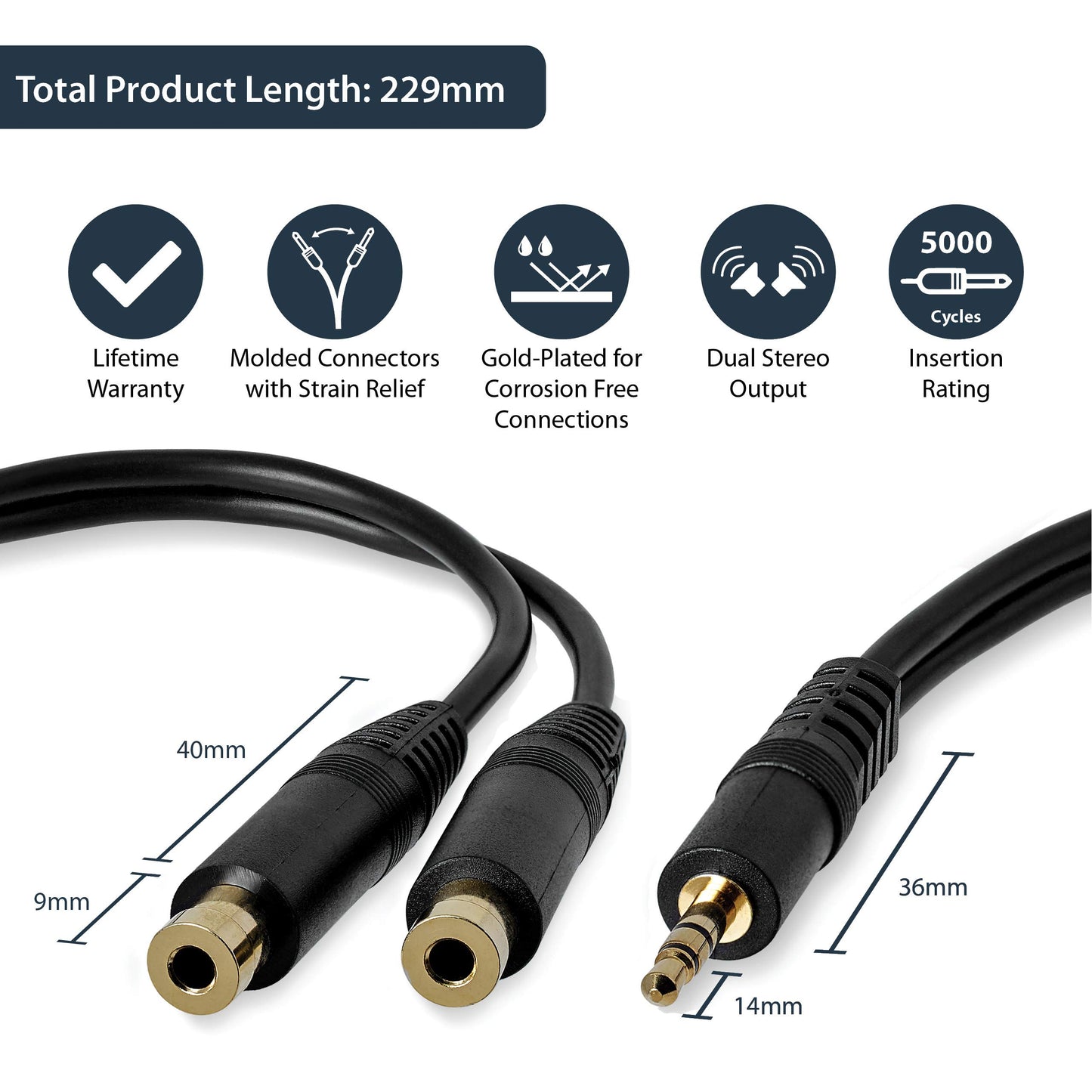 StarTech.com 6 in. 3.5mm Audio Splitter Cable - Stereo Splitter Cable - Gold Terminals - 3.5mm Male to 2x 3.5mm Female - Headphone Splitter