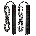 LONABR Long Power Strip Surge Protector, 6 Outlets Metal Heavy Duty Power Outlet with 6 ft Extension Cord, Wall Mountable, 2 Pack, Black, 300 Joules