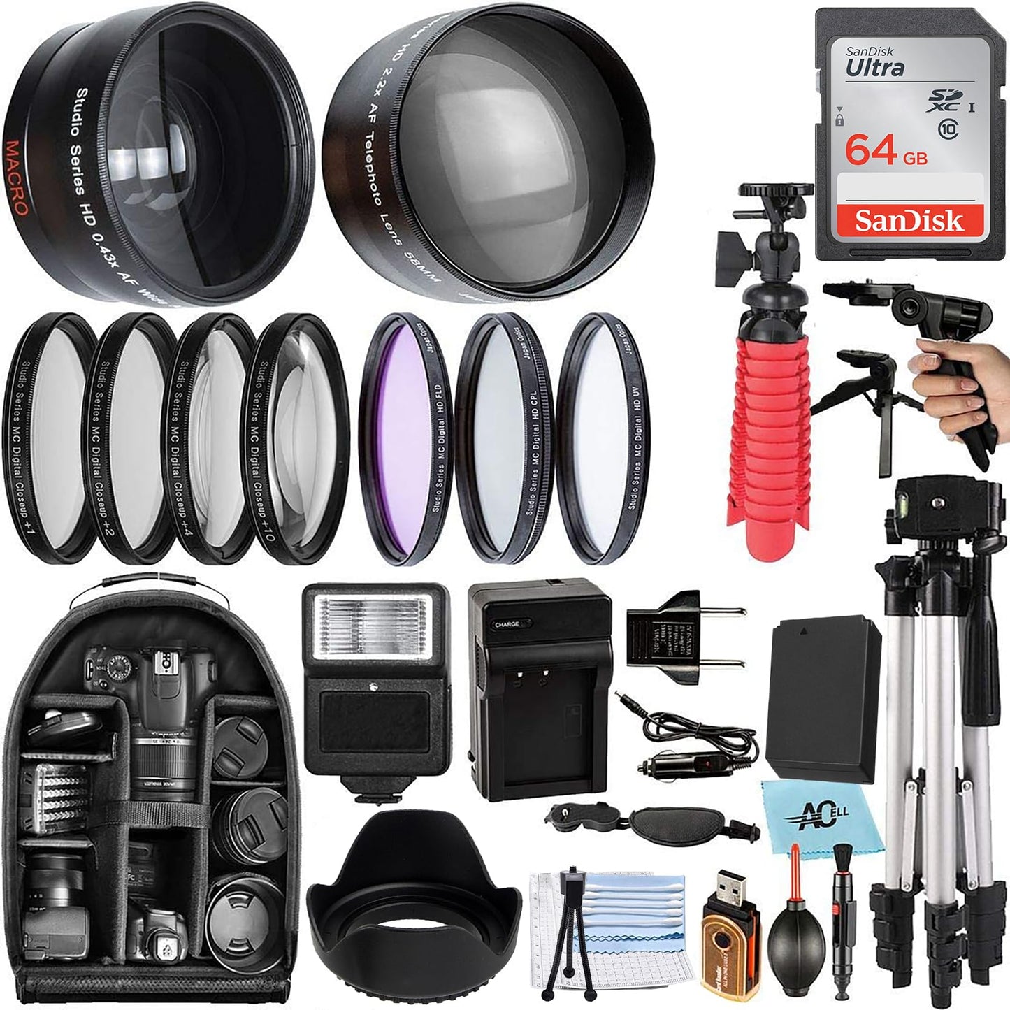A-Cell 58mm Accessory Bundle for Canon EOS Rebel T7, T6, T5, T3, T100, 4000D, 2000D, 3000D and More with 64GB SanDisk Memory Card, Wide Angle Lens