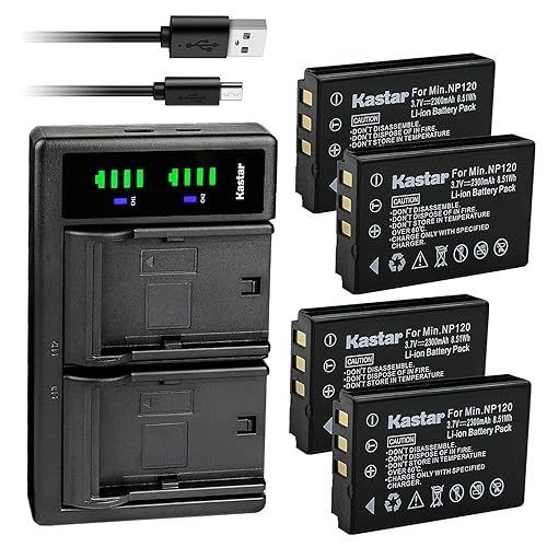 Kastar 4-Pack Battery and LTD2 USB Charger Compatible with Minolta NP-120 Battery, MN80NV, MN88NV, MN90NV, MN200NV, MN220NV 1080p Full HD, MN4K40NV 4K