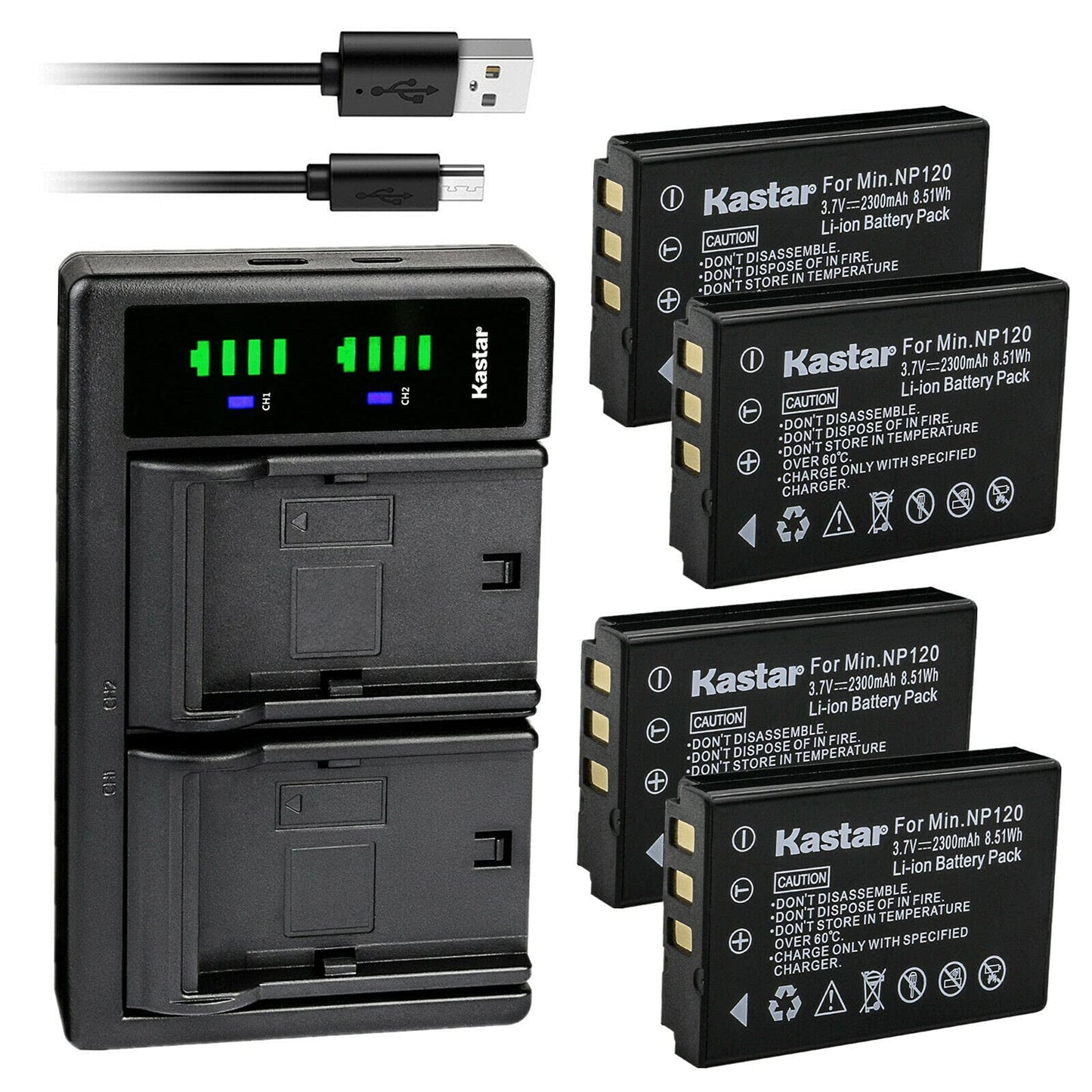 Kastar 4-Pack Battery and LTD2 USB Charger Compatible with Minolta NP-120 Battery, MN80NV, MN88NV, MN90NV, MN200NV, MN220NV 1080p Full HD, MN4K40NV 4K