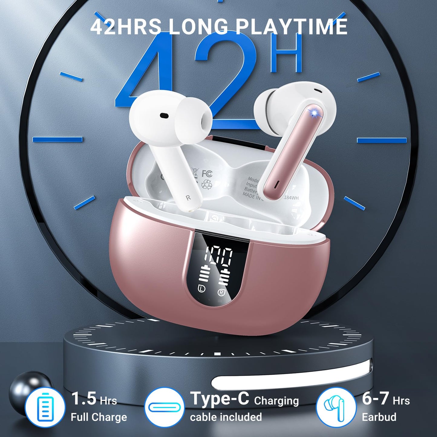 Wireless Earbuds, 2024 Wireless Headphones HiFi Stereo Earphones with 4 ENC Noise Canceling Mic, 42Hs Playtime In Ear Earbud, Bluetooth 5.3 Sport