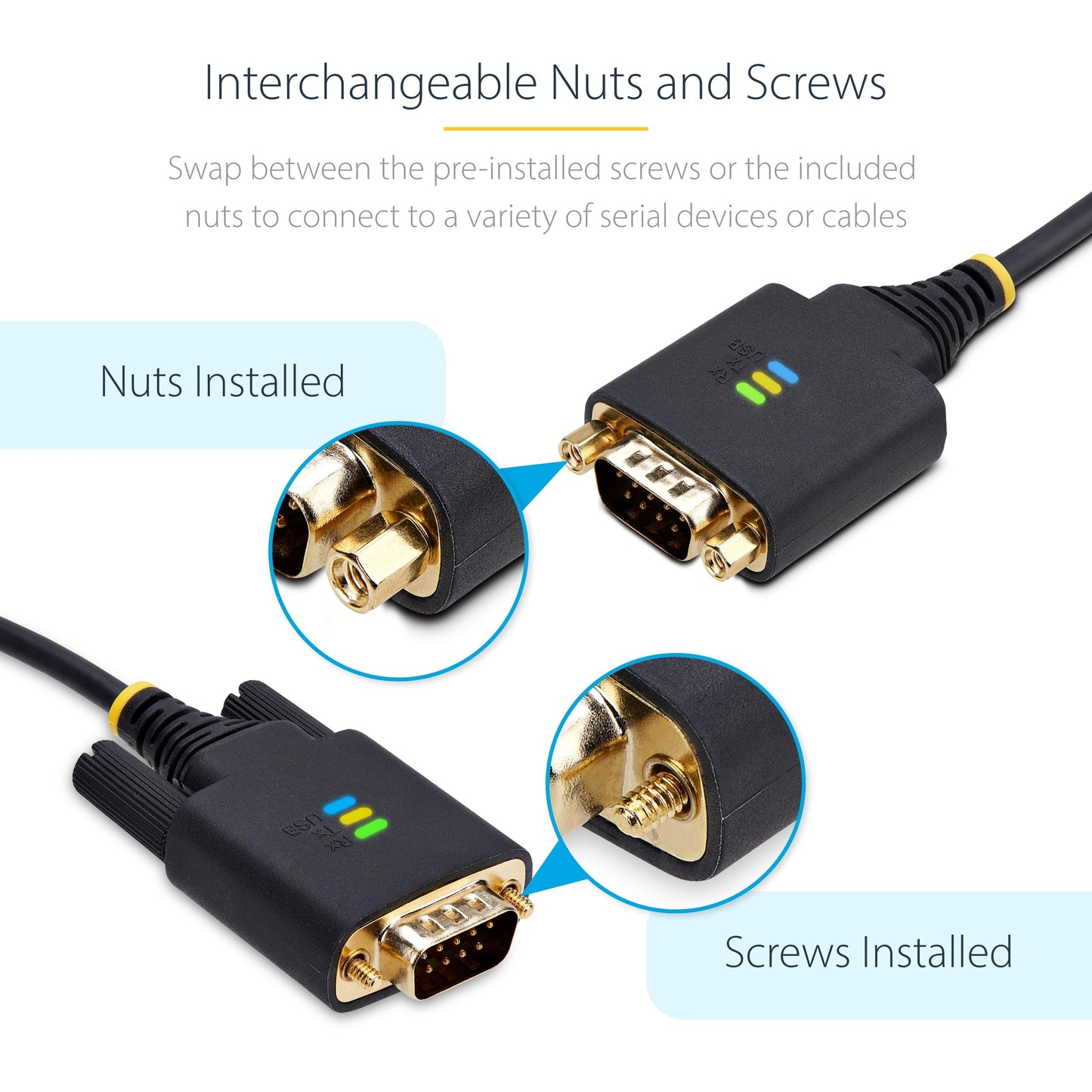 StarTech 10ft/3m USB to Serial Adapter Cable, COM Retention, FTDI IC, USB-A to DB9 RS232, Interchangeable DB9 Screws/Nuts