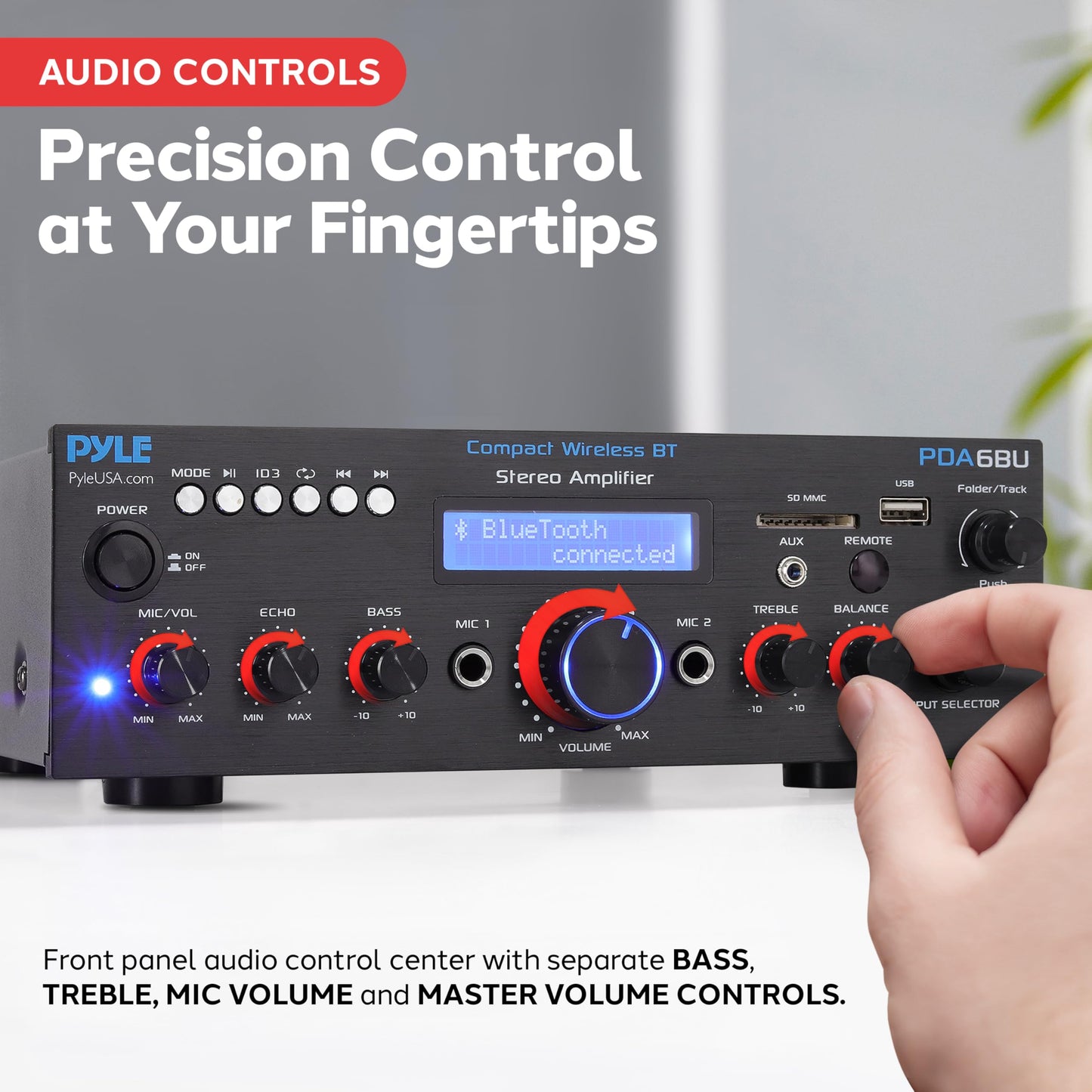 Pyle Wireless Bluetooth Power Amplifier System- 200W Dual Channel Sound Audio Stereo Receiver w/ USB, SD, AUX, MIC IN w/ Echo, Radio, LCD, For Home