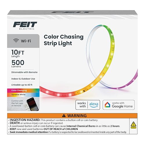 Feit Electric 10FT Smart Chasing LED Strip Light, RGB Color-Changing + Tunable White, Wi-Fi App & Remote Control, Alexa & Google Home, Linkable