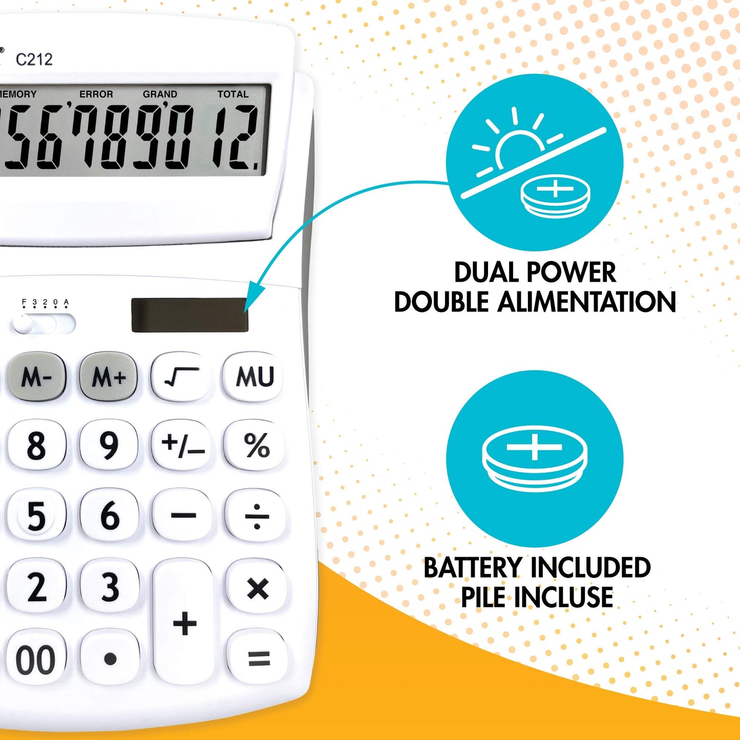 Lexibook - 12 Digit Desktop Calculator with Folding Display - Basic and Memory Function - Large Keys and Screen for Office, School, Home - Solar