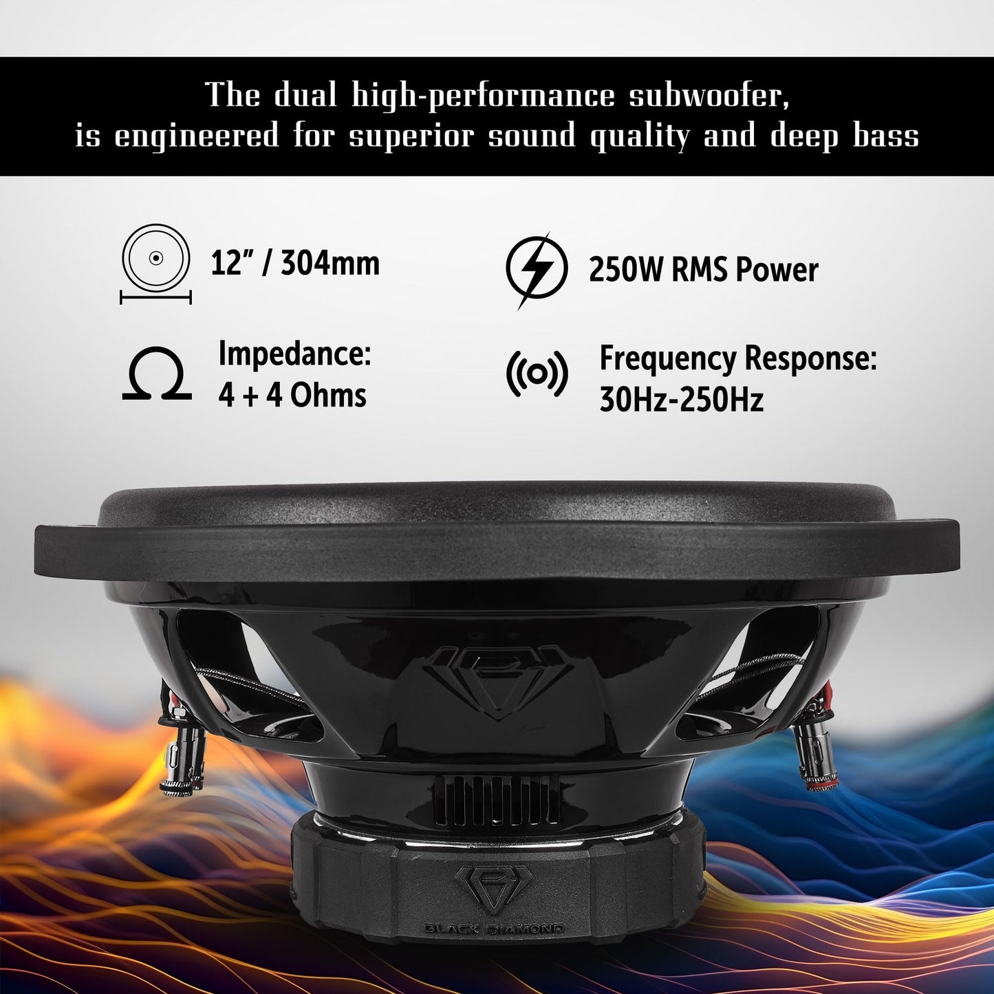 BLACK DIAMOND DIA-12D4 12" Dual 4+4 Ohm Car Subwoofer - 250W RMS / 500W Max, Dual Voice Coils, Non-Pressed Paper Cone, Foam Surround, Deep Bass