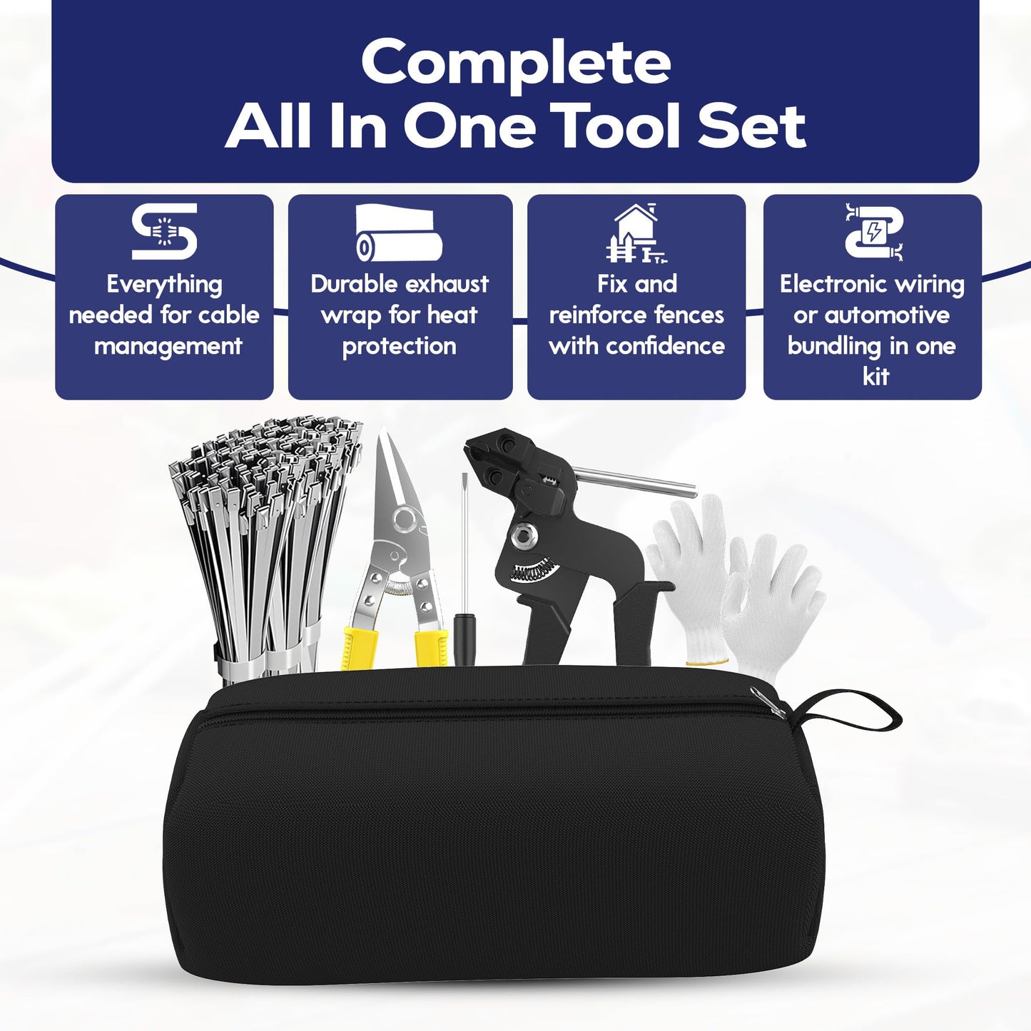 Metal Zip Ties 11.8 Inch 100 PCS | Self-Locking | 304 Epoxy-Coated Stainless Steel Zip Ties | Includes Gun, Scissor, Storage Bag, Tie Remover, Gloves