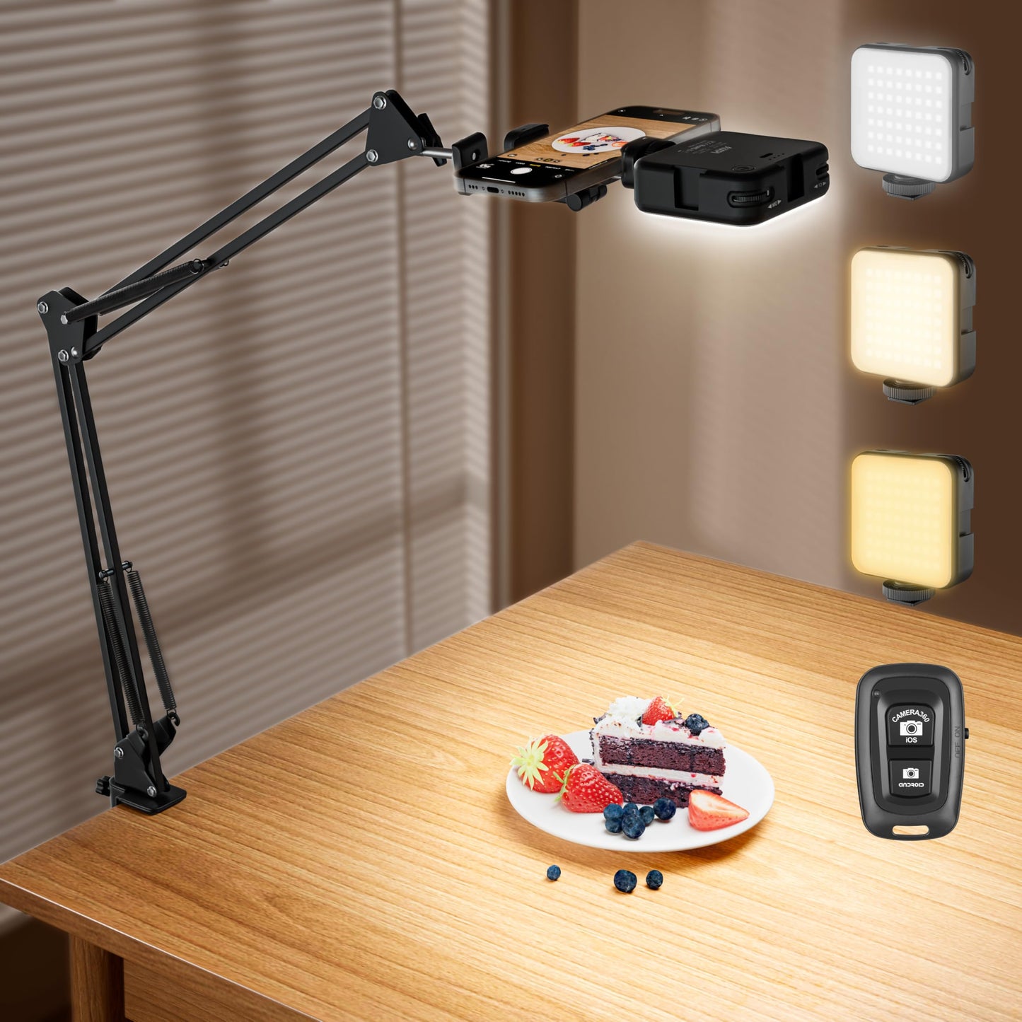 Overhead Phone Mount with LED Selfie Light and Bluetooth Remote, Rechargeable Ring Light Tripod Stand with Flexible Boom Arm, Desk Phone Holder