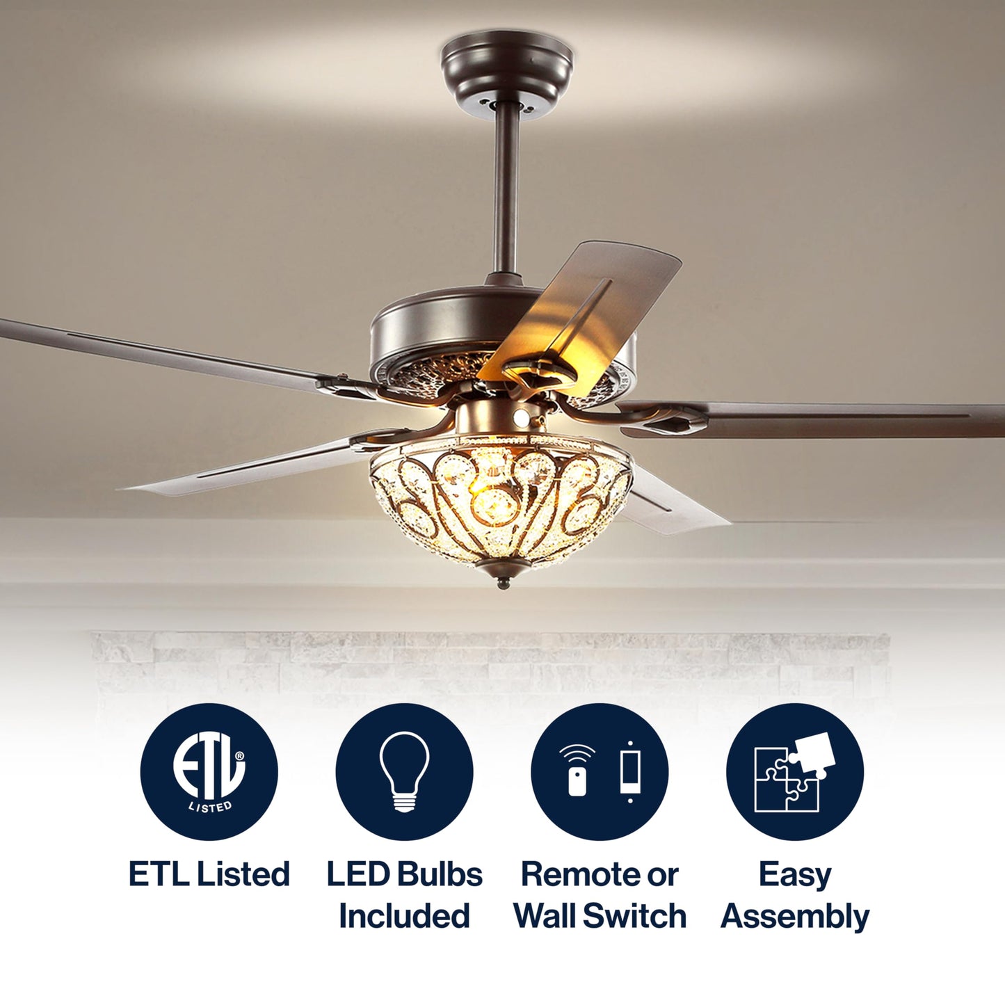 JONATHAN Y Ali 48" 3-Light Metal LED Ceiling Fan, Oil Rubbed Bronze