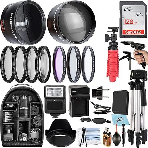 A-Cell 58mm Accessory Bundle for Canon EOS Rebel T7, T6, T5, T3, T100, 4000D, 2000D, 3000D and More with 128GB SanDisk Memory Card, Wide Angle Lens