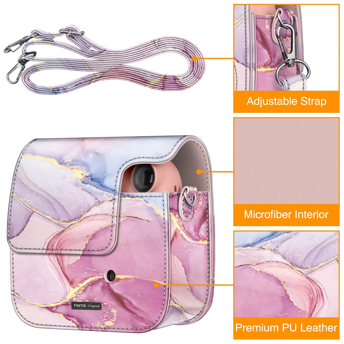 Fintie Protective Case for Fujifilm Instax Mini 7+ Instant Camera - Premium Vegan Leather Bag Cover with Removable Adjustable Strap, Glittering Marble