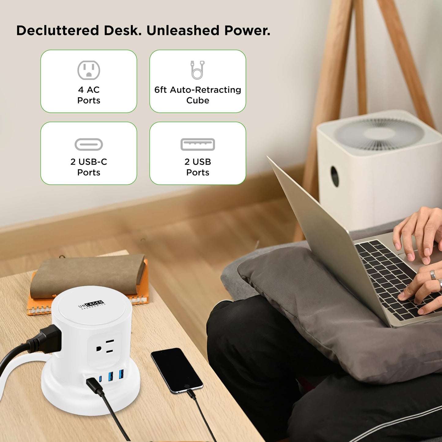 Uncaged Ergonomics Retractable Power Strip with USB Ports, Surge Protector with USB C Ports Fast Charging, Auto Retracting Cord Compact Desktop