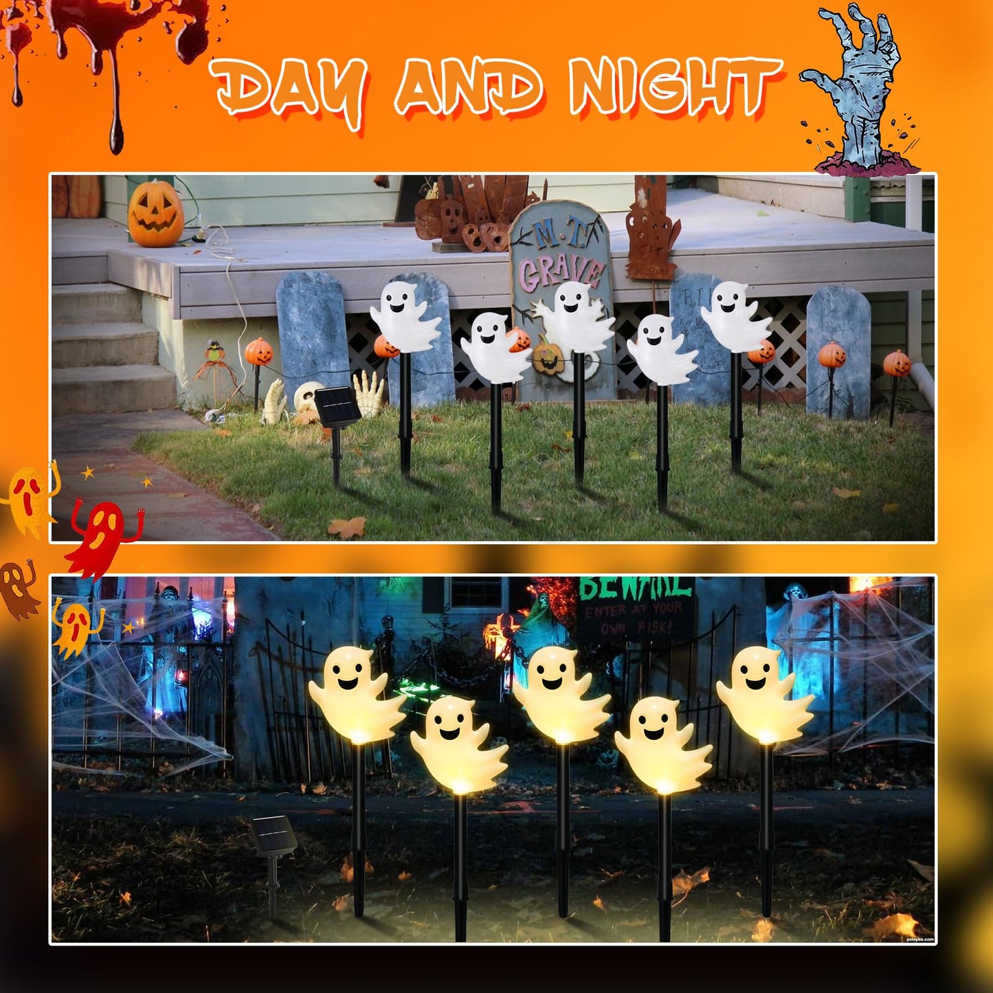 VOGVOG Solar Halloween Ghost Pathway Lights, 10 Pack 3D Lighted Outdoor Stake Decorations, Waterproof LED Yard and Garden Lights for Halloween