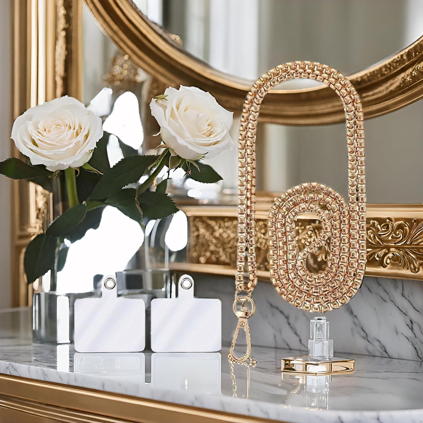 1 Set Golden Fashionable Metal Phone Chain Holder,Exquisite Universal Cell Phone Crossbody Neck Lanyard with Tether Pads Adjustable Phone Wrist Strap