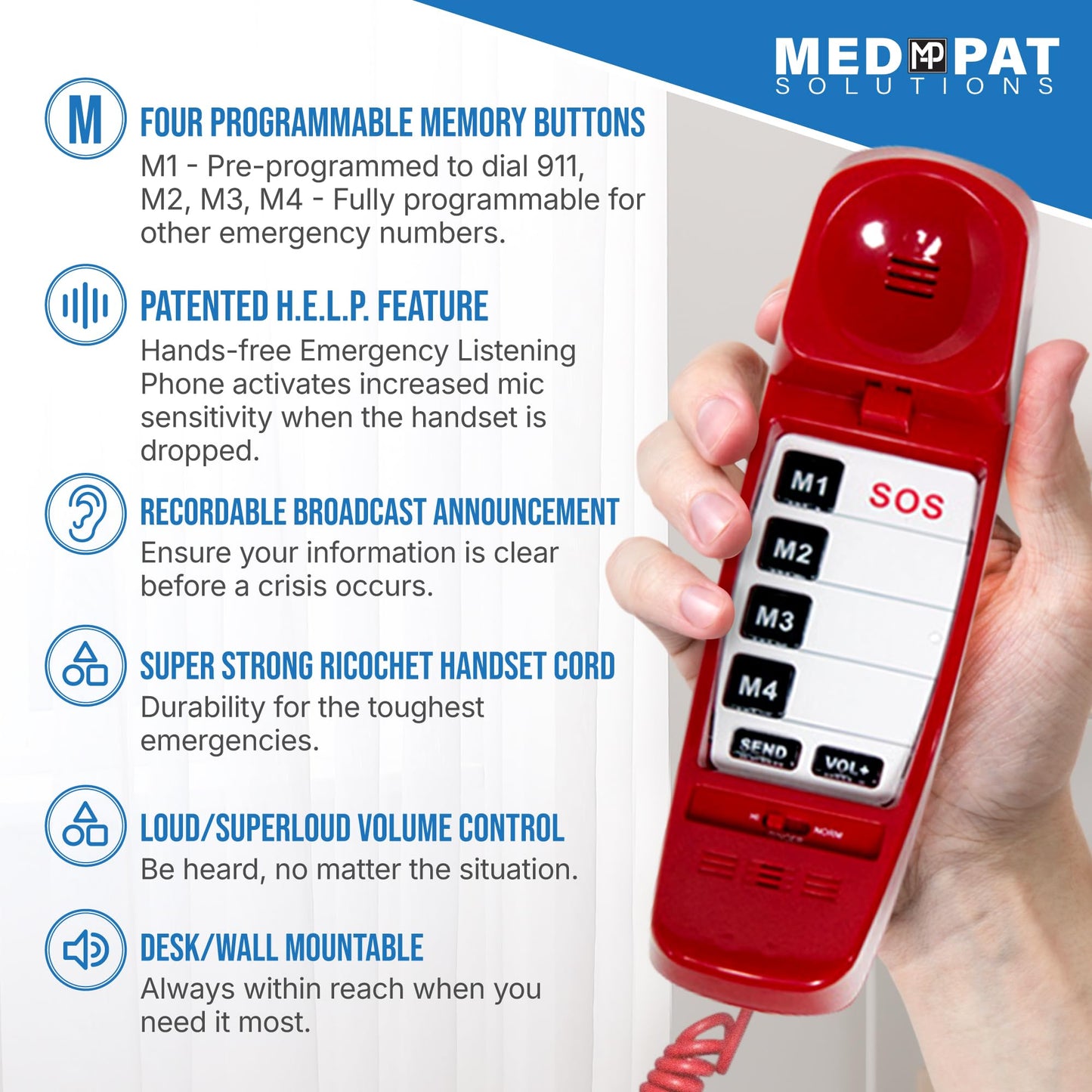 Med-Pat First M by TAFEA Emergency Phone | One-Button 911 Dialer -Programmable M2-M4 Contacts - Hands-Free Emergency Listening - Loud Ringer - Gyms