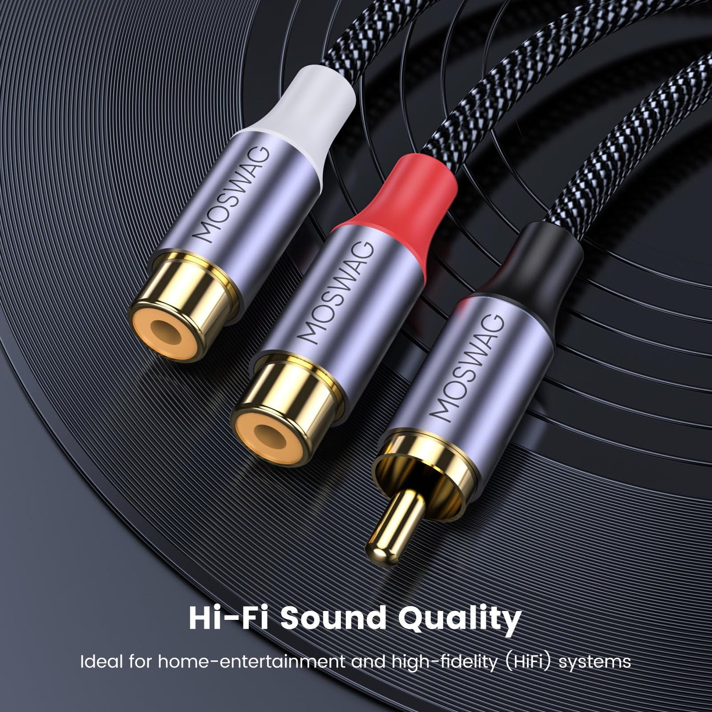 MOSWAG 1 Male to 2 Female RCA Splitter, RCA Y Splitter Cable Audio Video Splitter Adapter Extension Cord Compatible with subwoofers, Speakers, Home