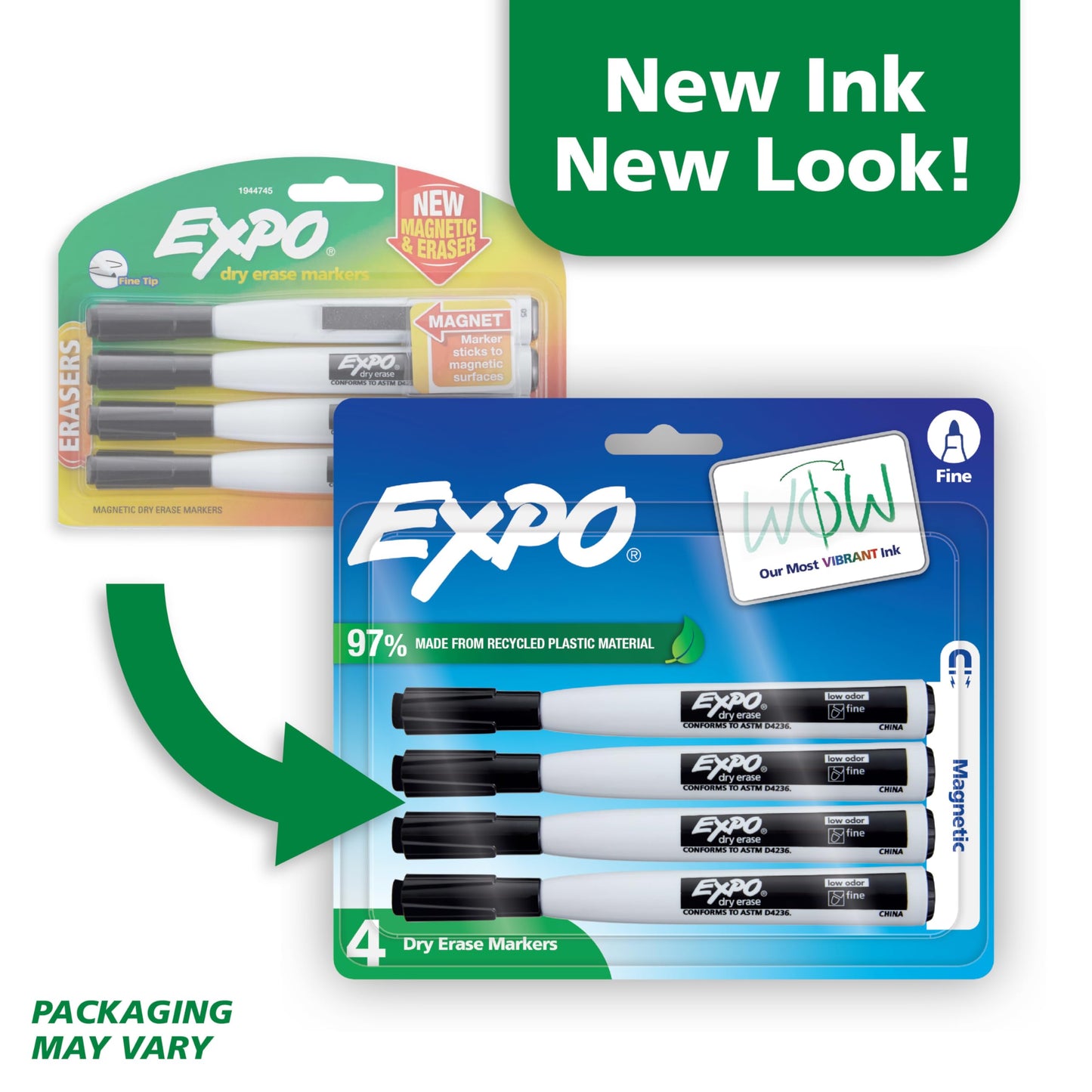 EXPO Magnetic Dry Erase Markers with Eraser, Black, Fine Tip, 4 Count - Back to School, Teacher Supplies, Home Organization