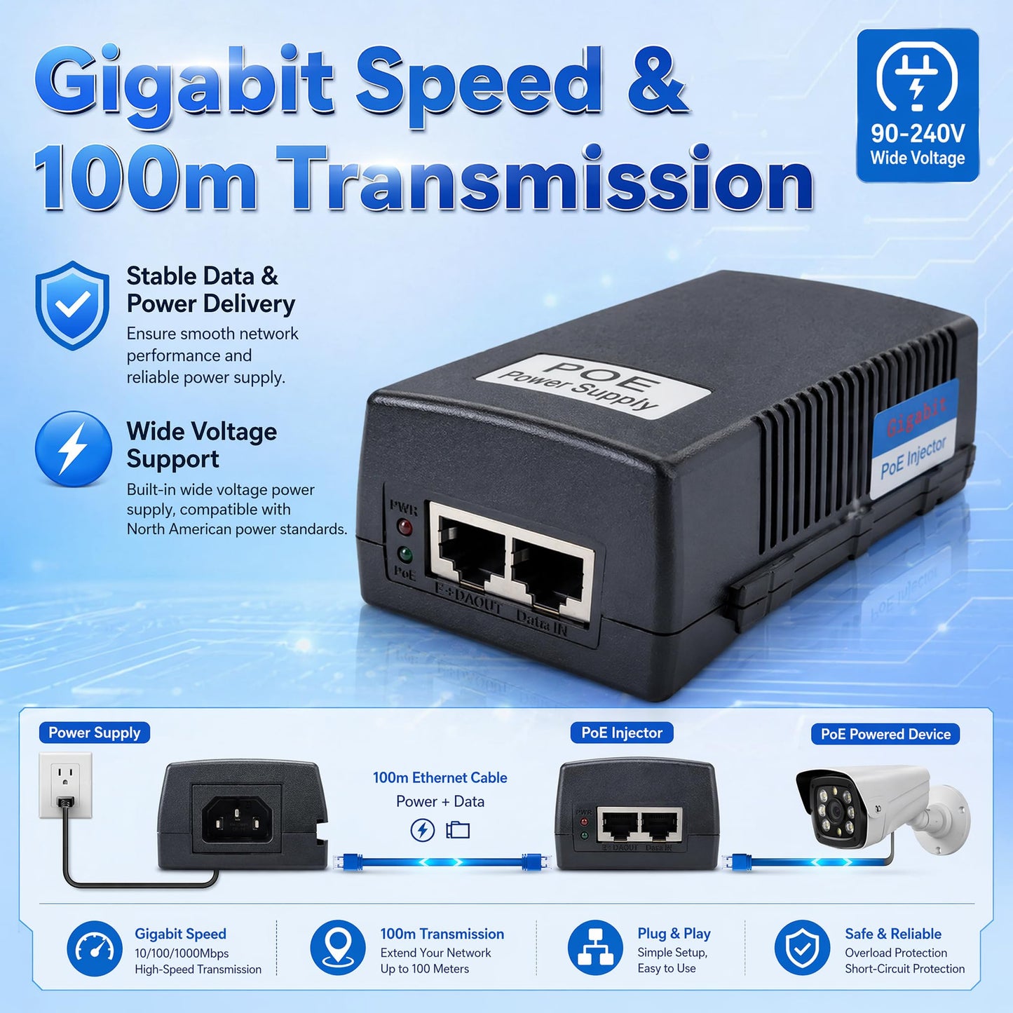 30W Gigabit PoE Injector, IEEE 802.3at/af Compliant, 48V 0.65A PoE Power Supply for IP Camera Wireless AP VoIP Phone 1000Mbps PoE Injector Adapter