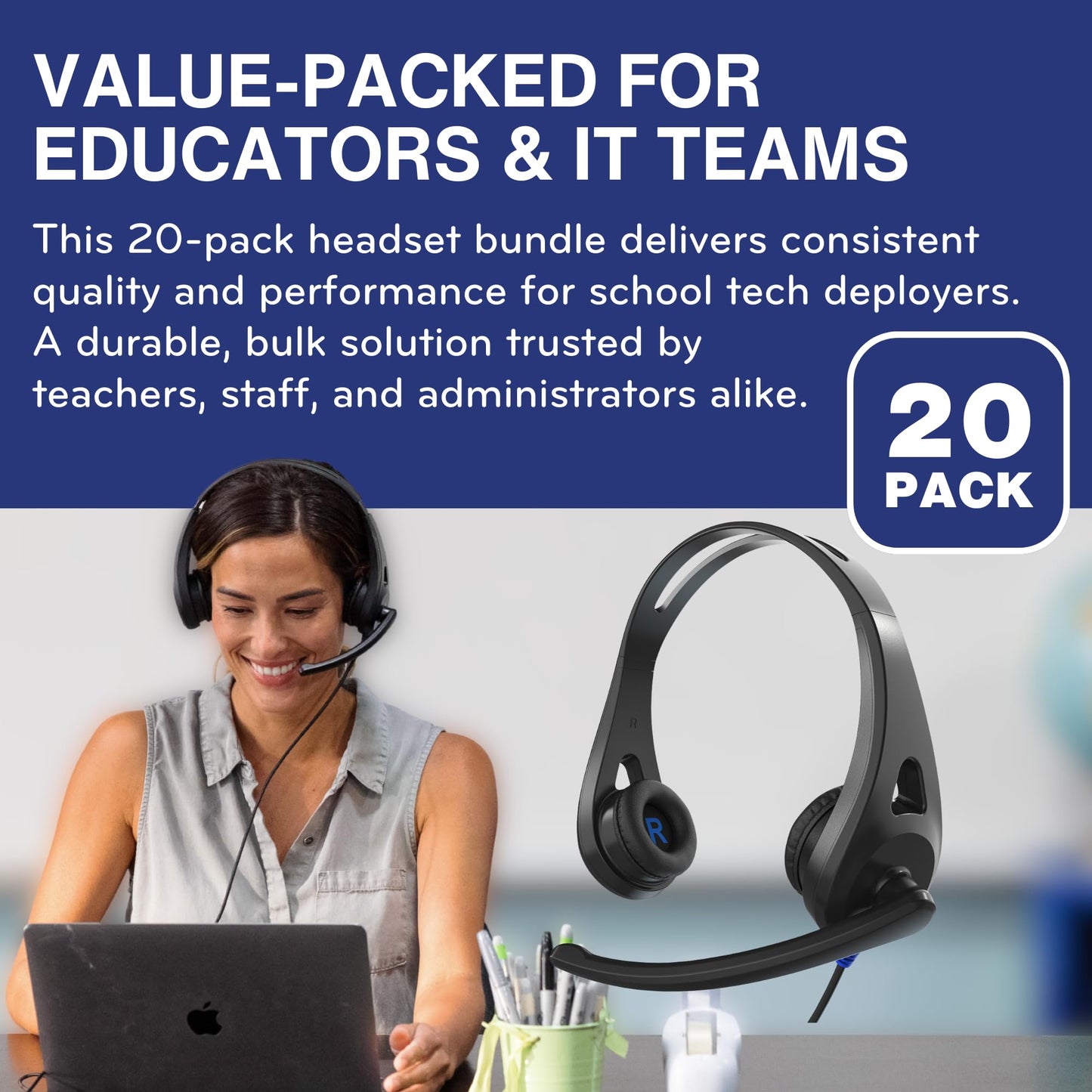 TWT Audio Classroom Headset Bulk 20 Pack - Ergo TW110 On Ear Wired Headphones with Built In Microphone for School, Students, Teachers, Durable Noise…